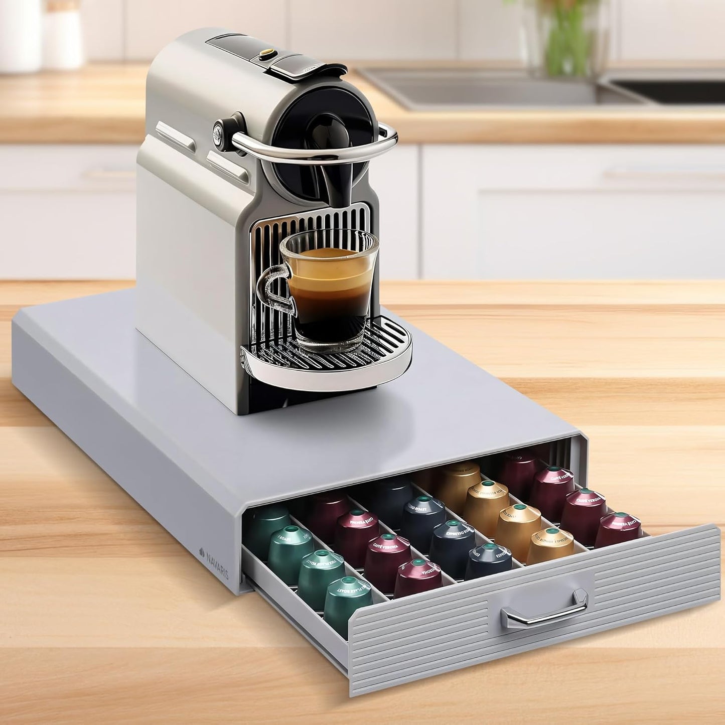 Navaris Coffee Pod Holder Drawer - 50 Capsule Storage Organizer Tray Counter Container - Fits Standard Sizes of Pods and Capsules - 1 Drawer Design - Gray