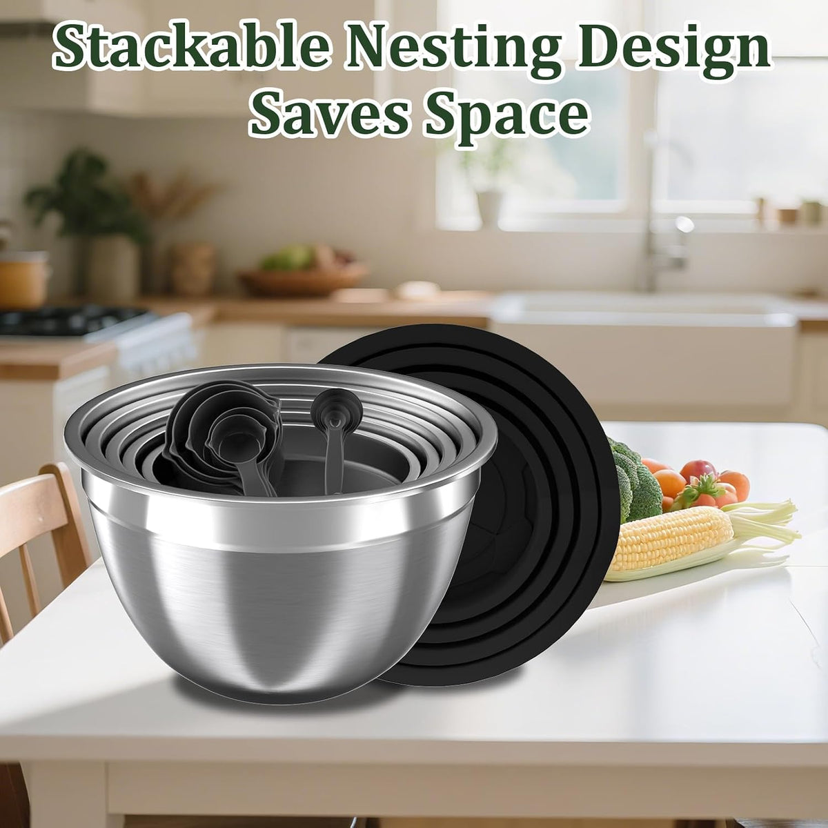 Nicdiet Mixing Bowls with Lids Set, 16PCS Stainless Steel Mixing Bowls,Nesting Storage Bowls for Kitchen with Mixing Bowl, Colander, Strainer &amp; Grater, Metal Salad Bowl for Kitchen Gadgets, Black