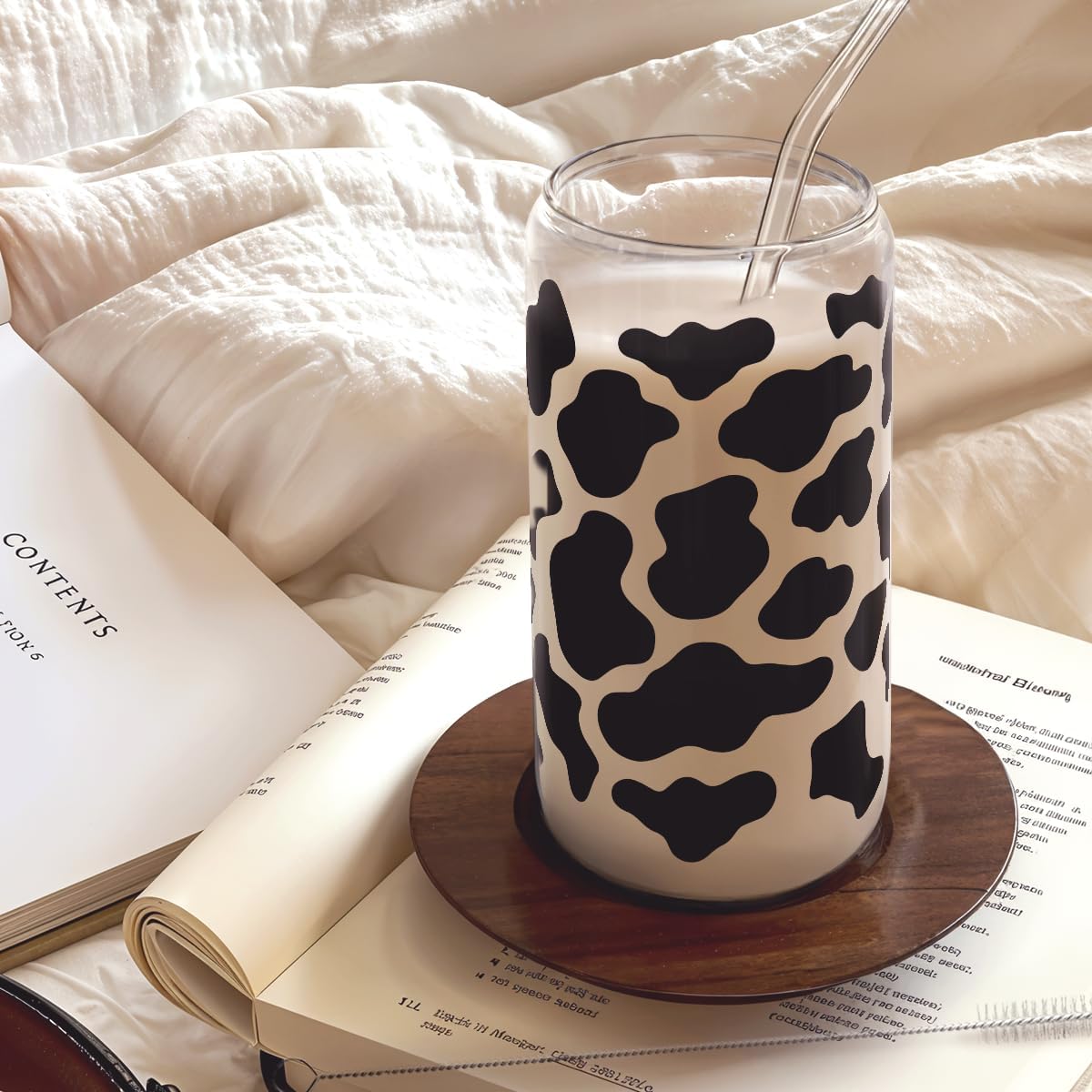 SANDJEST Cow Glass Can, Cow Prints Cup with Lid &amp; Straw, Iced Coffee Aesthetic Cups, Idea Gift for Christmas Birthday Mother Day, Gifts for Women, 16oz
