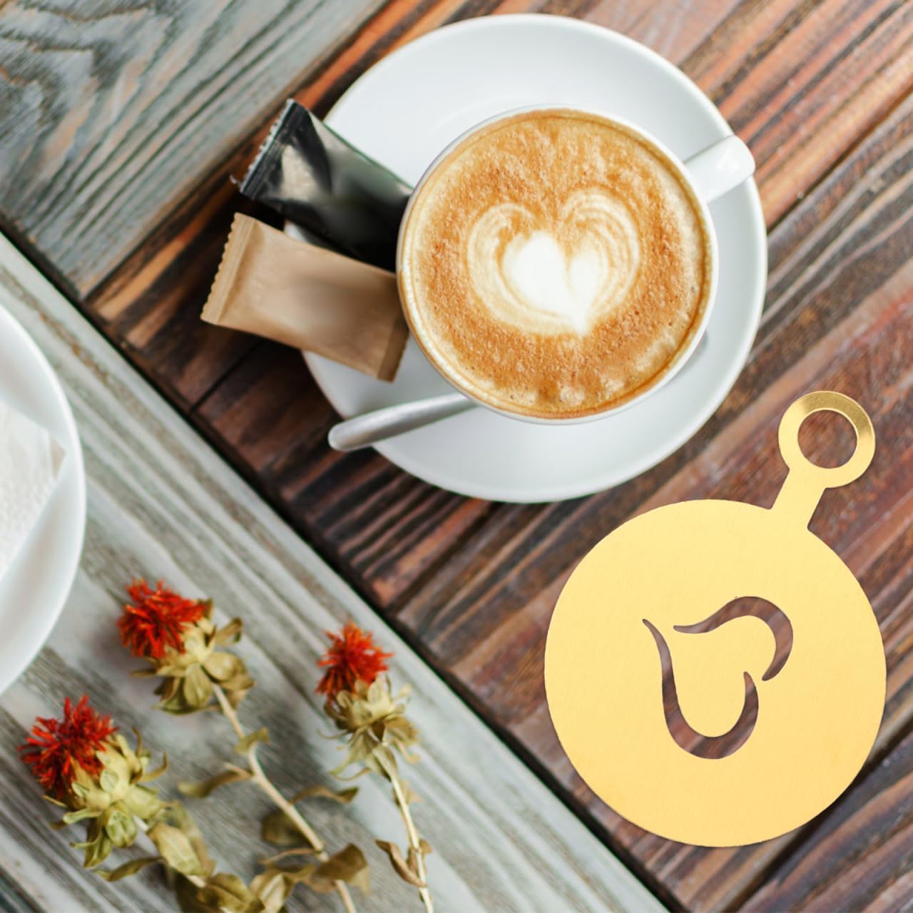 SHOWERORO Coffee Latte Art Stencils 4 Pcs Metal Coffee Stencils for Cappuccino Chocolate Decoration Milk Foams Templates Flower Mold 4.72X3.34In