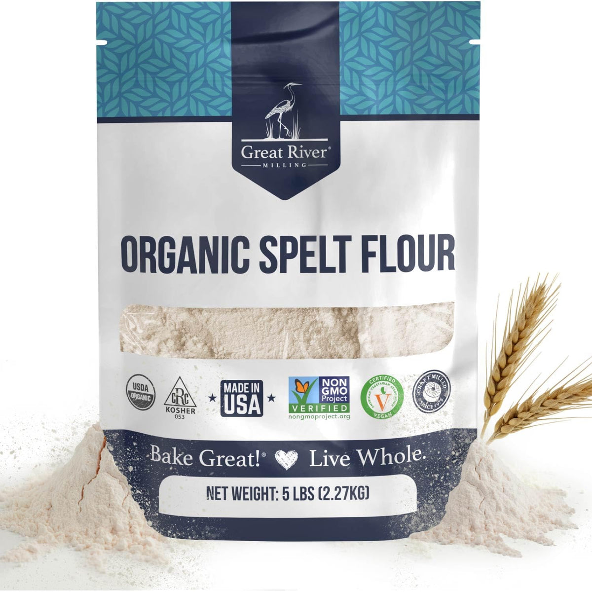 Great River Milling Organic Spelt Flour, Ancient Grain, 5 lb | Organic Whole-Grain Spelt Flour for bread, sourdough, muffins, cookies, pancakes, pizza dough and pastries; mild nutty