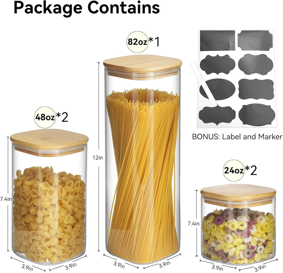 5 Set Glass Jars with Bamboo Lids, Square Food Storage Containers, Glass Pantry Storage Containers with Lids for Pasta, Cereal, Flour, Sugar