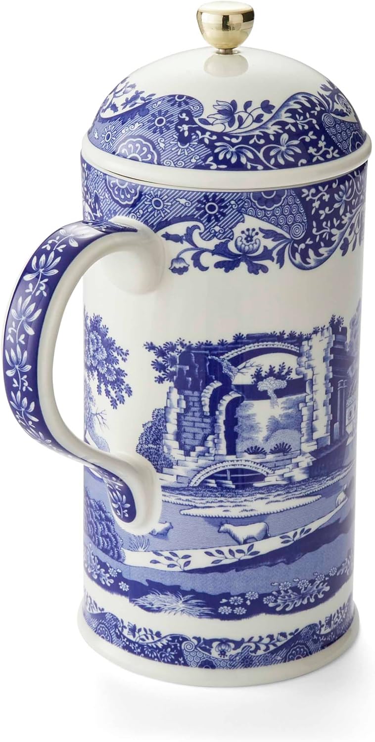 Spode Blue Italian French Press | 28-Ounce Capacity | Espresso, Coffee, and Tea Maker | Porcelain Cafetiere | Stainless Steel Plunger | Dishwasher Safe (Blue/White)