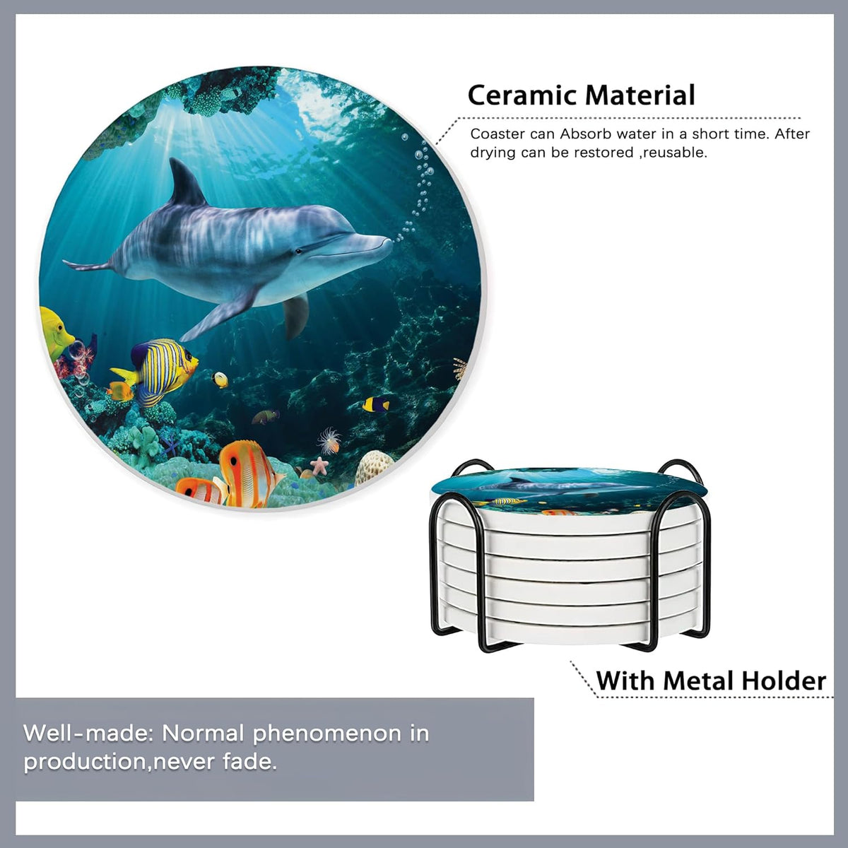 6 Pcs Coasters for Drinks with Holder,Underwater Fishes Sea Turtle Absorbent Coaster with Cork Backing,Great Gift for Housewarming,Room Decor,Bar,Holiday Party