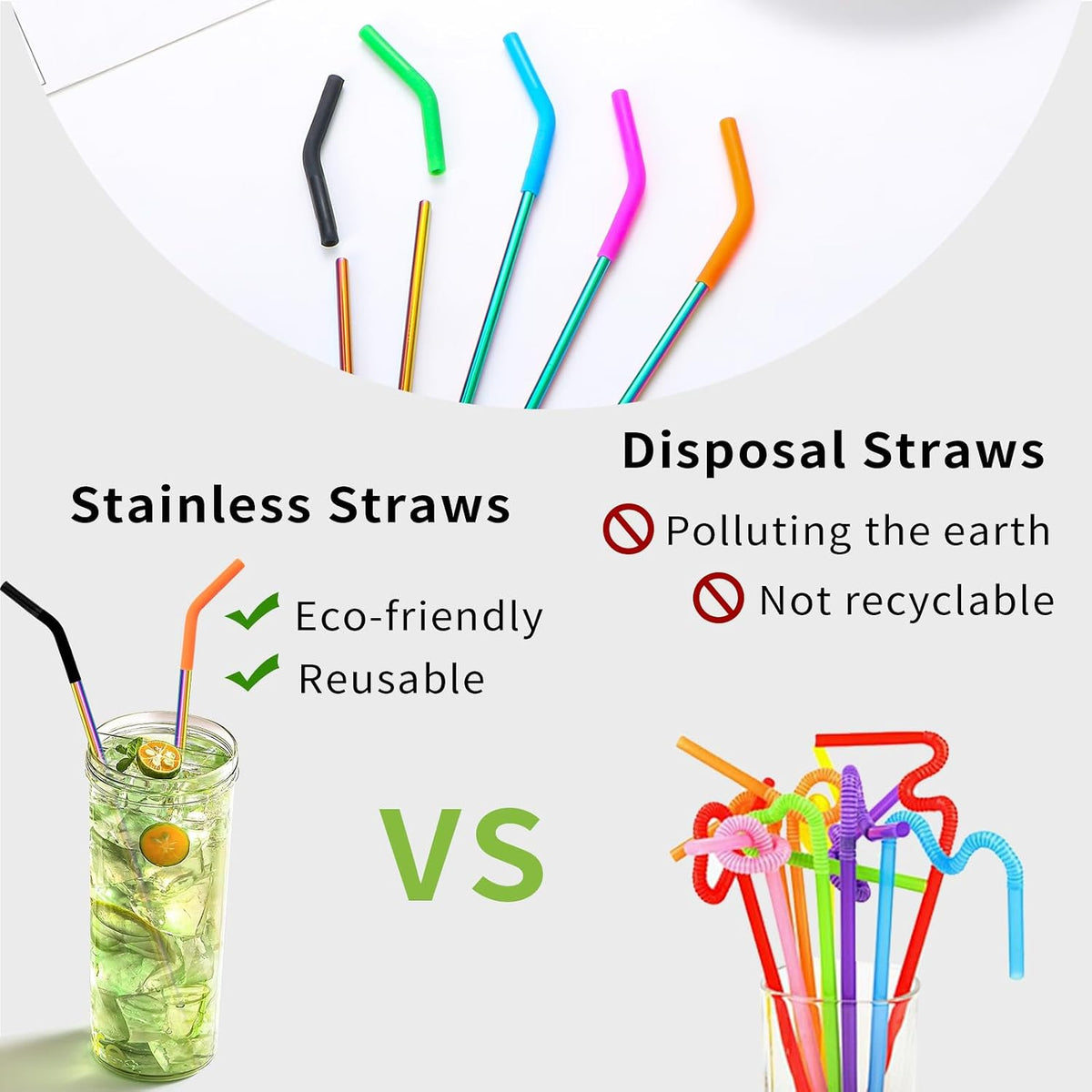 Lazycorner 10 Pcs Metal Straw Reusable 8.5" 6mm Stainless Steel Straws,20oz-32oz, Colorful Drinking Straws with Silicone Tips, 4 Straw Cleaner Brush, 1 Travel Case