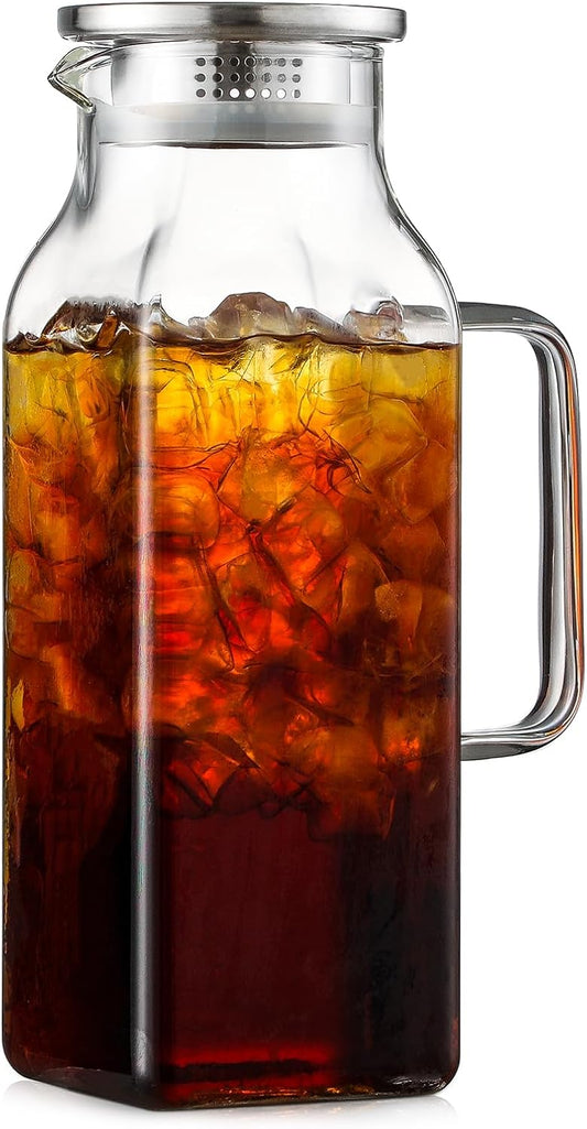 2 Quart (2 Liter 68 oz) Square Glass Pitcher with Lid and Spout, Water Pitchers with Handle for Fridge, Borosilicate Glass