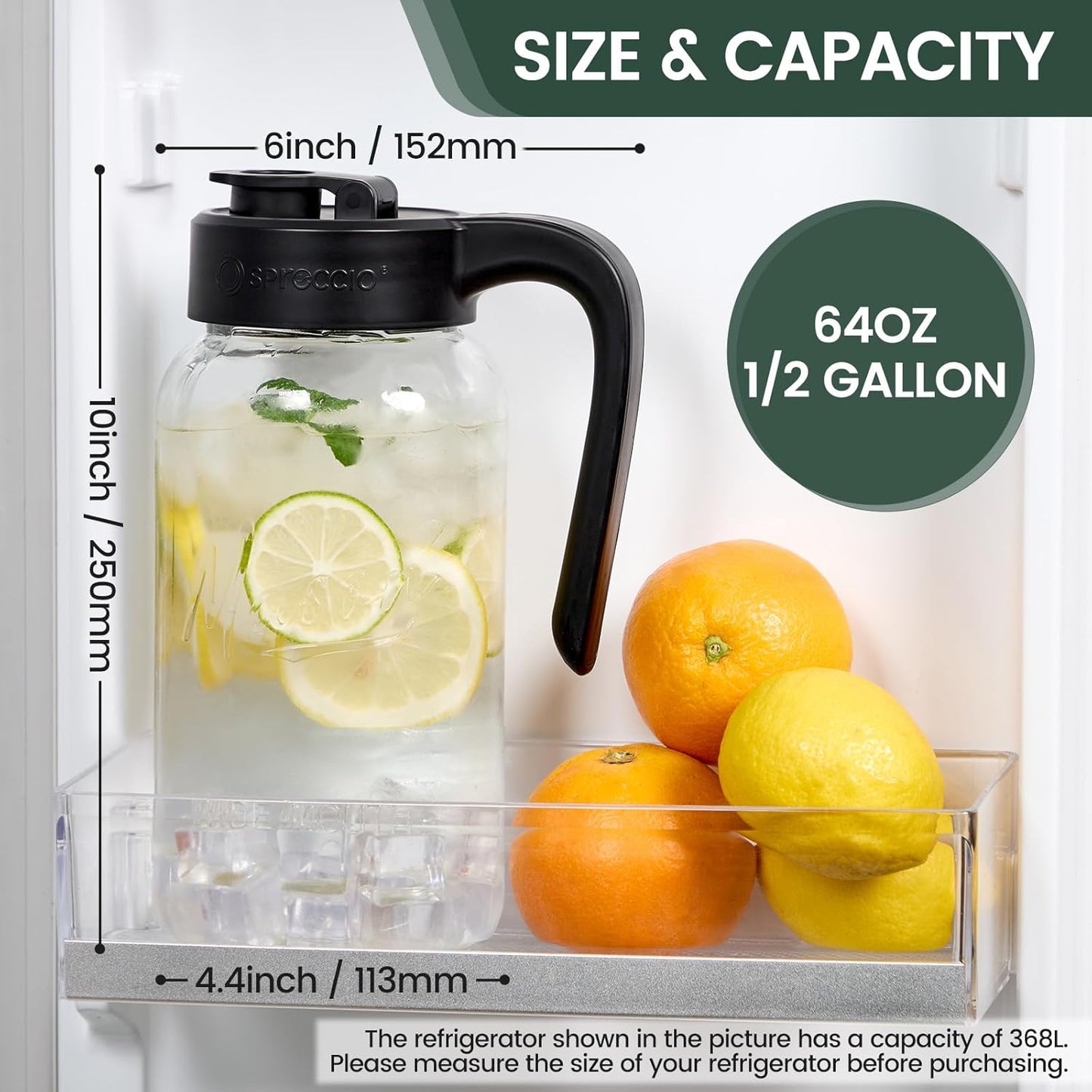 Mason Jar Pitcher, 64 oz (2 quart), Glass Pitcher with Lid | Airtight, Leak proof, Ergonomic Handle, Pour Spout Lid, Fridge Safe, for Sun Tea, Iced Tea, Cold Brew, Lemonade, Outside