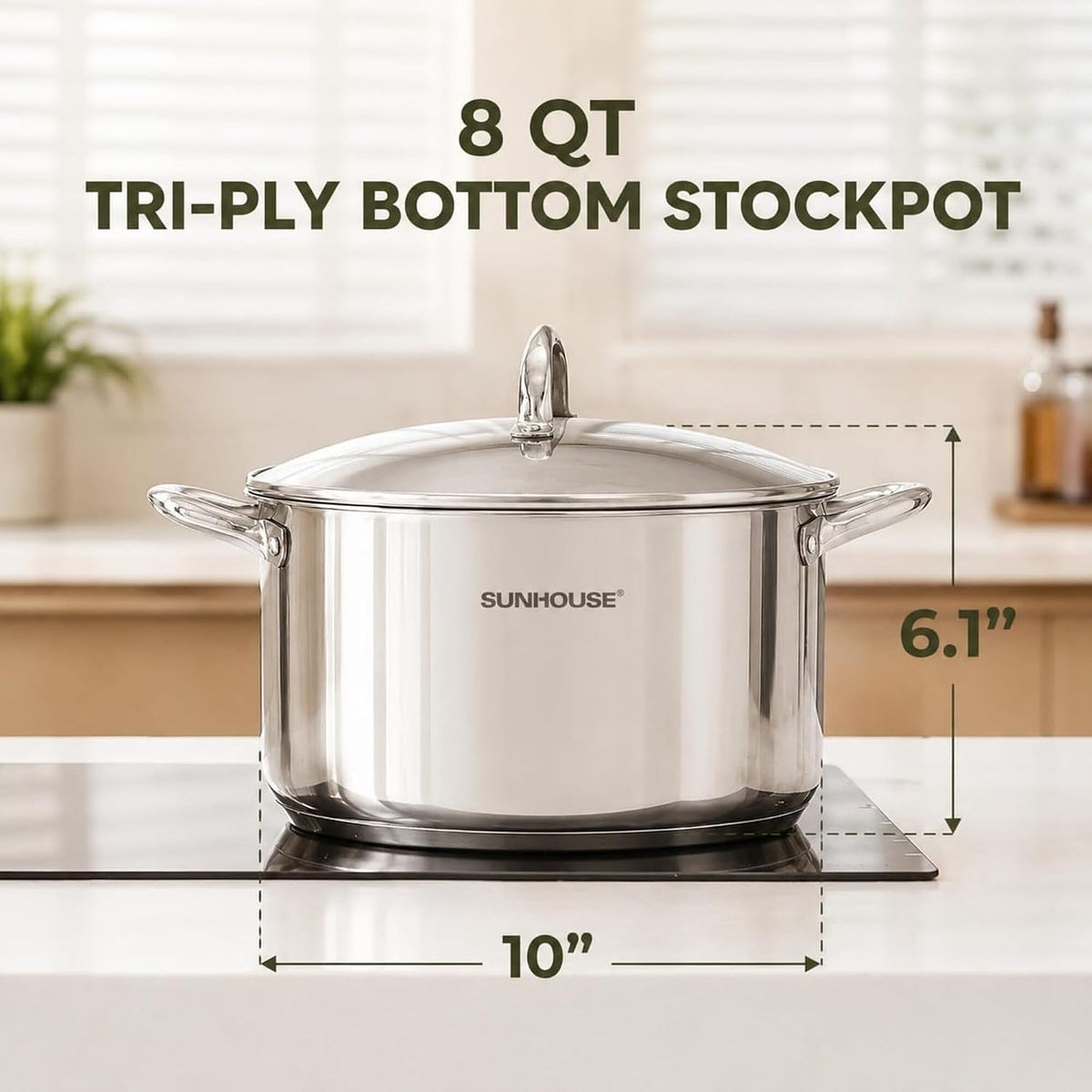 SUNHOUSE 8 Quart Stock Pot with Lid - 3-Ply Bottom Stainless Steel Pasta Cooking Canning Dutch Oven Pot - Induction Compatible for All Stovetops - Dishwasher Safe & Oven Safe
