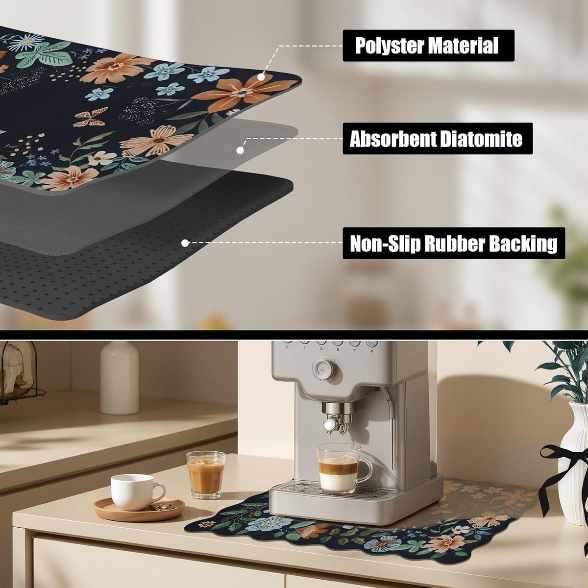 Scalloped Bohemian Coffee Bar Mat Dish Drying Mats for Kitchen Counter, Kitchen Decor,(16"x24", Black)