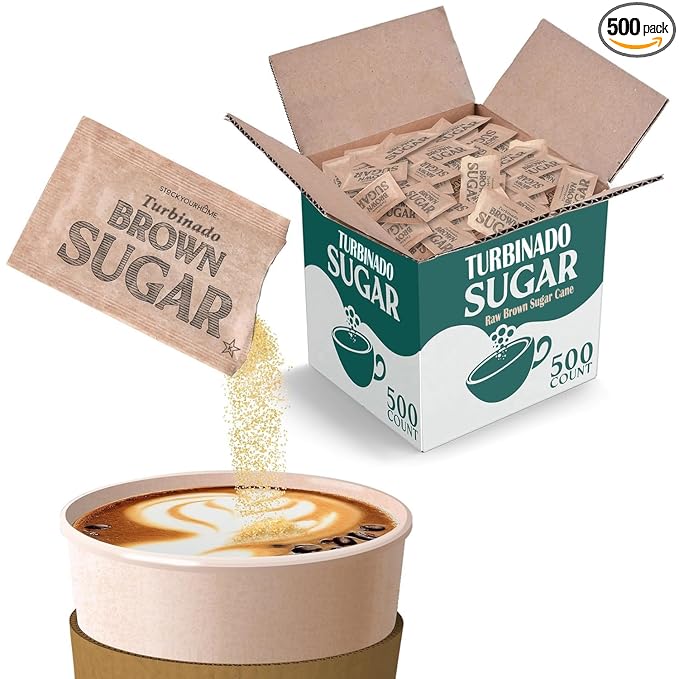 Bulk Sugar Packets, 500 Count - Individual Servings of Turbinado Sugar Packets for Coffee & Tea, Granulated Brown Raw Sugar Packs Great for Restaurants, Coffee Shops, Offices, and More