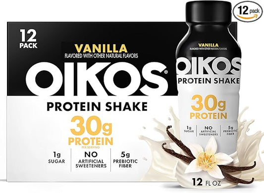 Oikos Protein Shake, Vanilla, 30g High Protein Drinks, Shelf Stable, Ready to Drink, 5g Prebiotic Fiber, 12 fl oz Bottle, 12