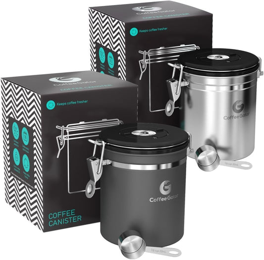 Coffee Gator Coffee Canister, 2pack 16oz Airtight Stainless Steel Kitchen Food Storage Container with Date Tracker, Scoop