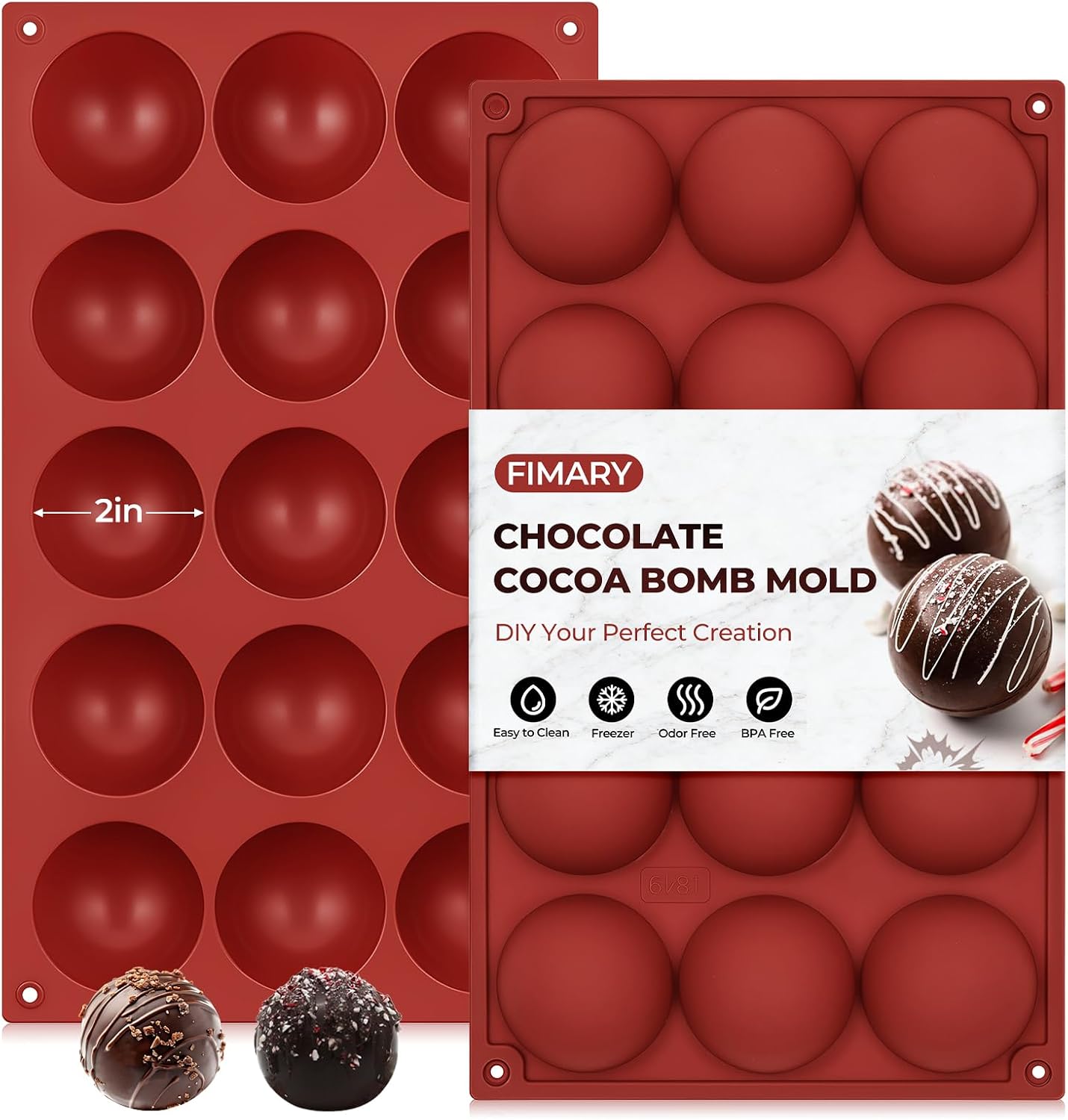 Medium 15-Cavity Semi Sphere Silicone Molds Non-Stick,2 Packs 2"Half Sphere Silicone Baking Molds for Making Jelly, Cake, Chocolates Bombs