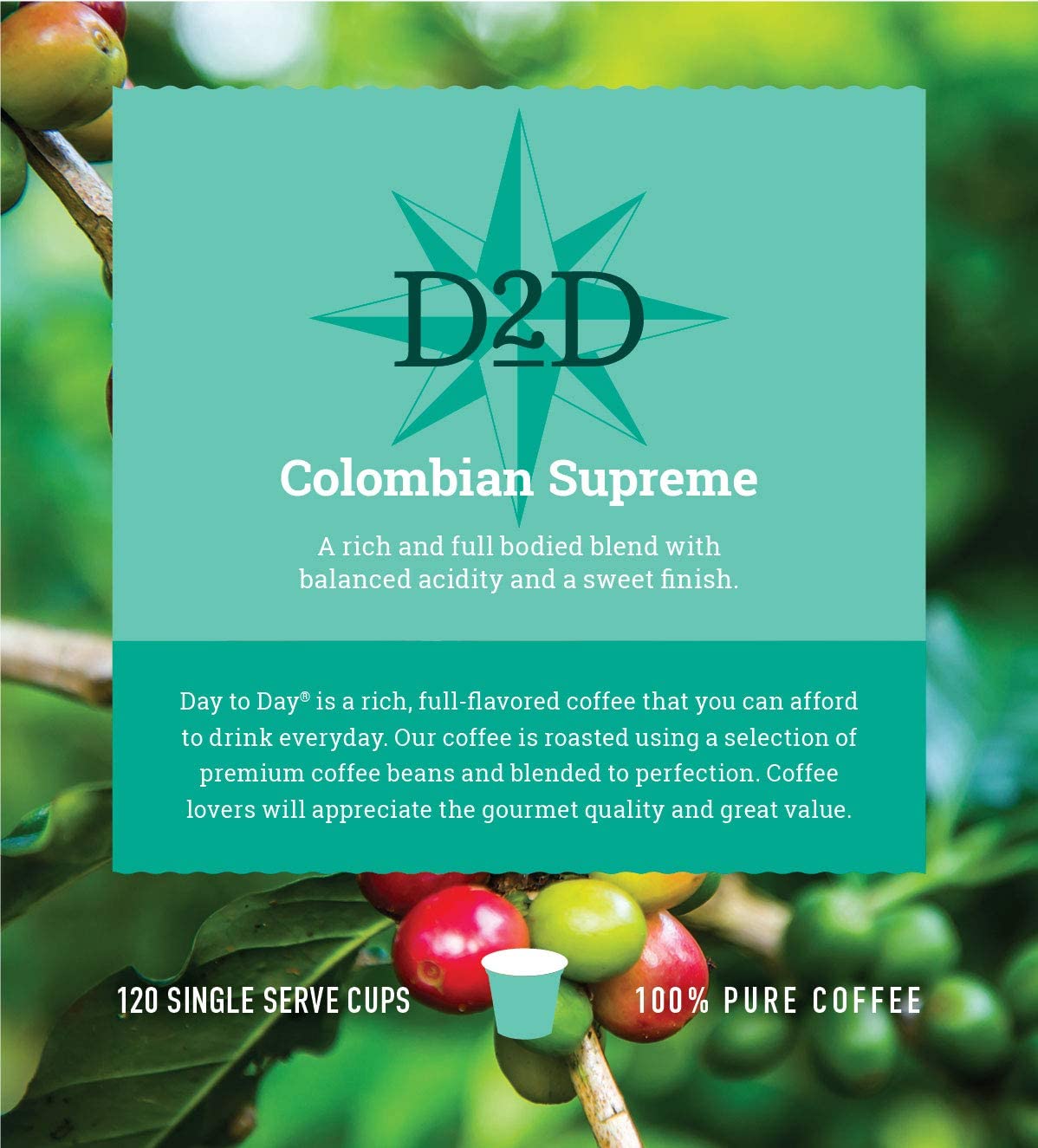 Day To Day Coffee Pods, Colombian Supreme Light Roast, 120 Count | Compatible with Keurig K-Cup brewers. Smooth 100% Colombian light roast single serve pods for daily home and office use.
