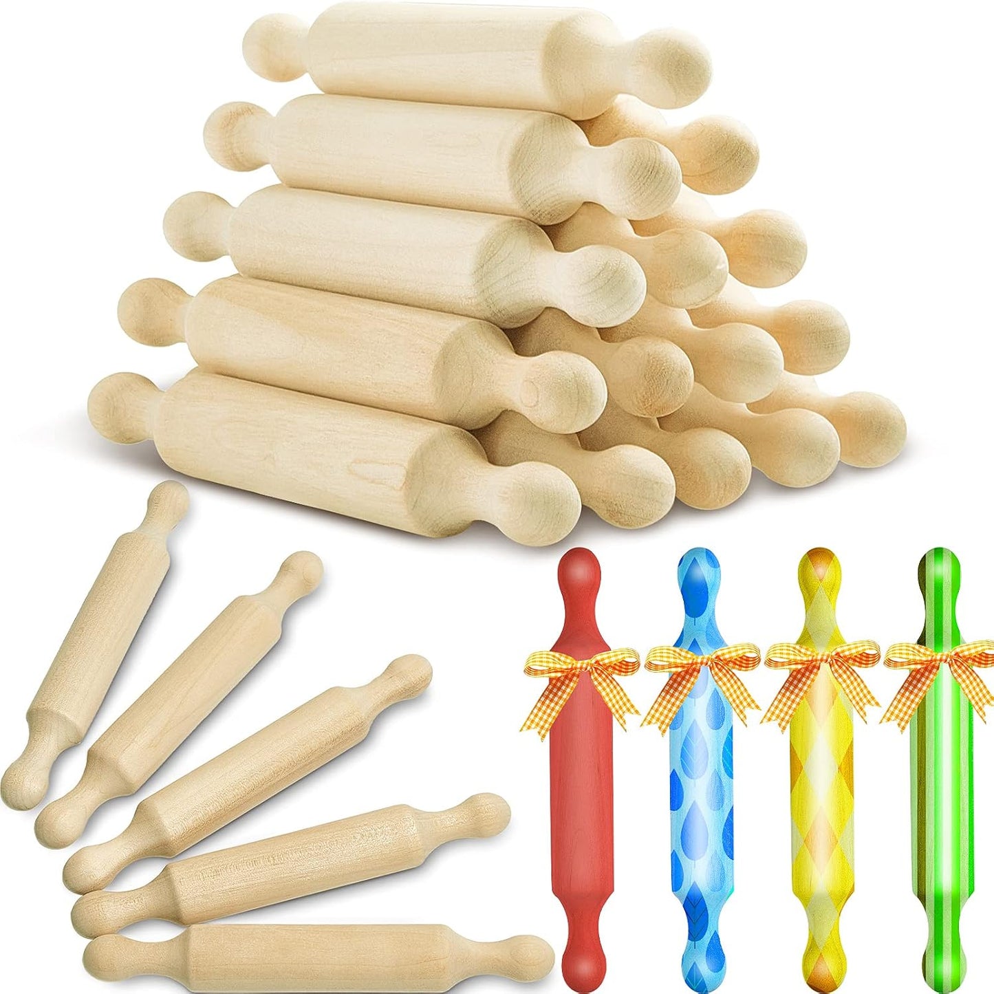 15 Pcs Wooden Mini Rolling Pin Long Kitchen Baking Small Dough Rolling Pin for Children Fondant Pastry Pizza Crafting and Imaginative Play for Halloween and Christmas Presents (7 Inches)
