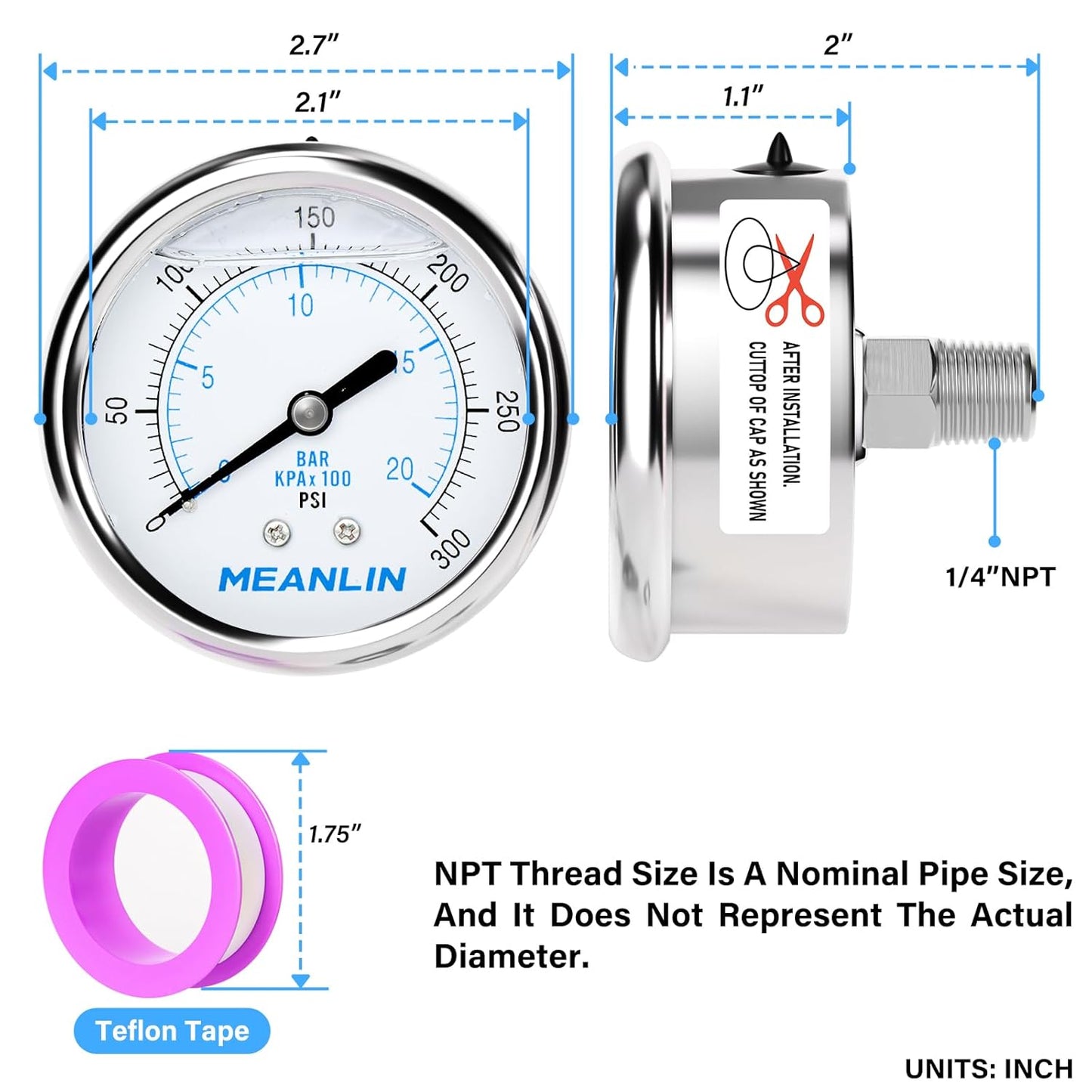 MEANLIN MEASURE 0~300Psi Liquid Filled Pressure Gauge Stainless Steel with 316 Stainless Steel Joint 1/4" NPT 2.5" FACE DIAL for Air Compressor Air Regulator Water Filter Center Back Mount