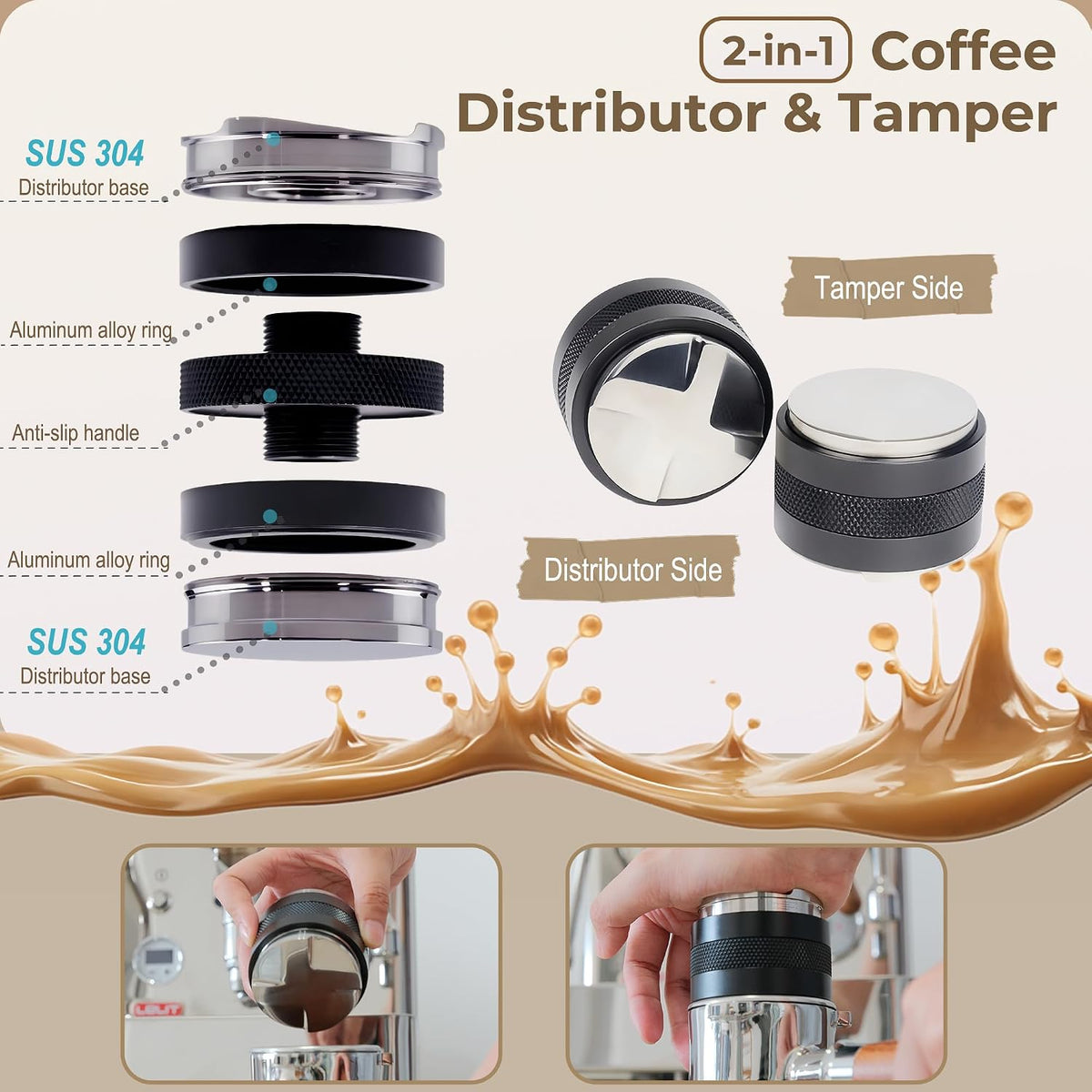 51mm Coffee Distributor and Tamper, Dual Head Espresso Leveler Fits 51mm Portafilter for Barista Express, Stainless Steel Espresso Distribution Tool