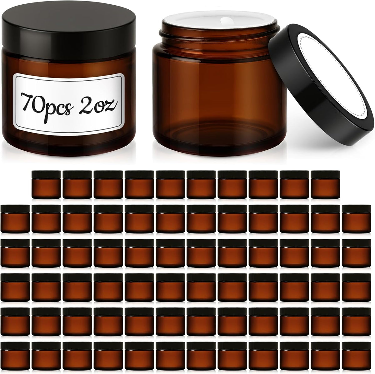 Bumobum 70 Pack 2 oz Amber Glass Jars with Lids, Small Cosmetic Container