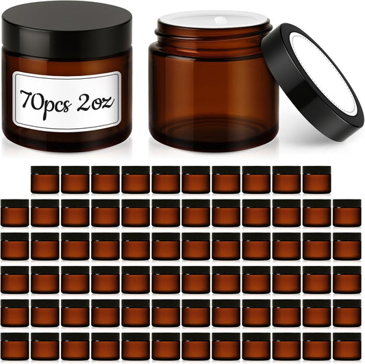 Bumobum 70 Pack 2 oz Amber Glass Jars with Lids, Small Cosmetic Container