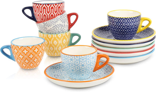 Selamica Ceramic 2 oz Espresso Cups, Small Expresso Coffee Cup Set with Saucers, Porcelain Mini Demitasse Cups for Latte