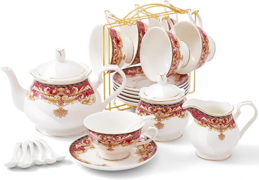 DUJUST 22 pcs Royal Vintage Porcelain Tea Set for 6, Luxury British Tea Sets for Adults with Red Patterns & Golden Trim,