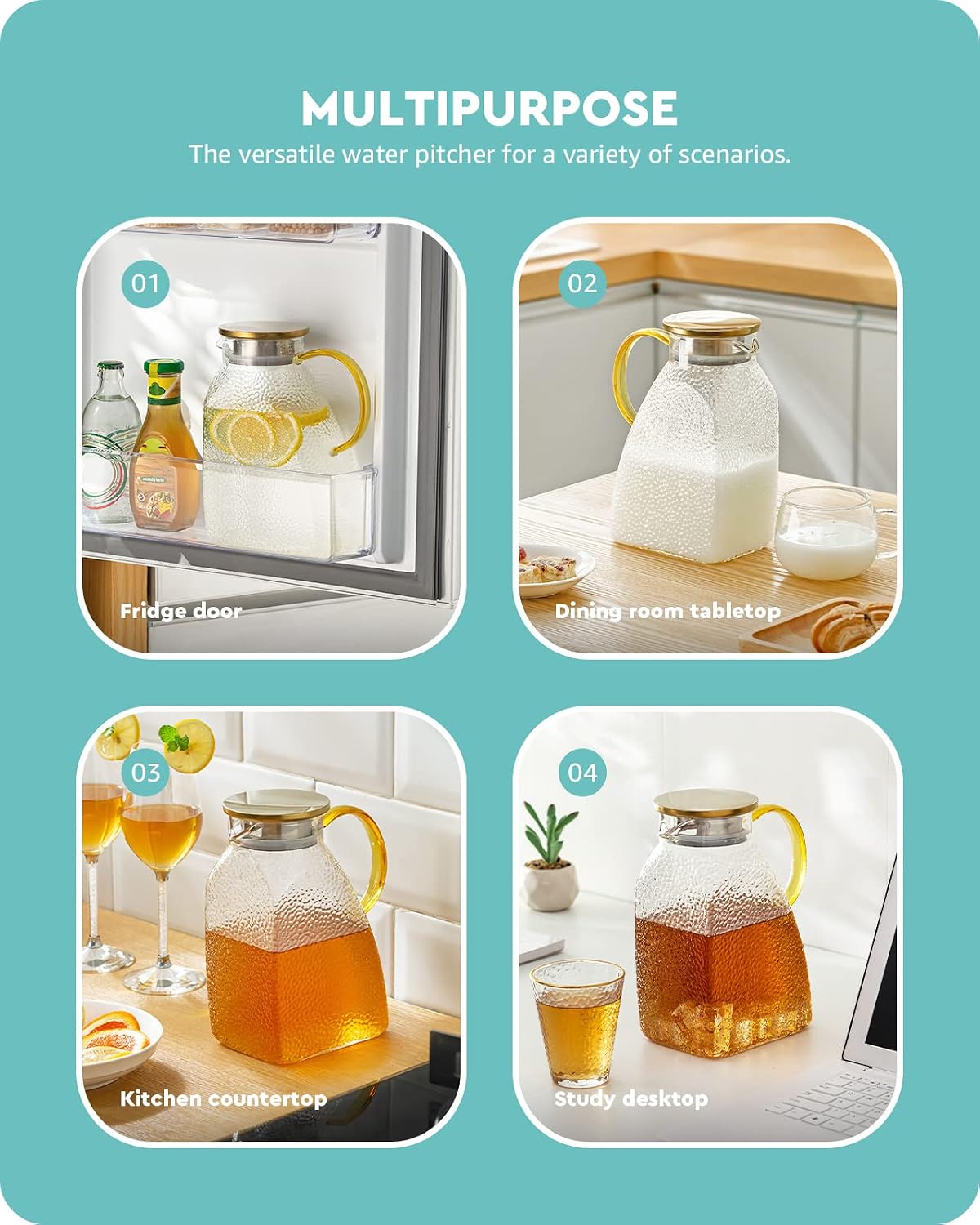 Baffect Water Pitcher Glass Jug With Lid and Spout (Hammer Pattern) | 63oz High Borosilicate Glass Pitcher With Gold Handle, Fridge Door Carafe For Hot Cold Drink, Mlik, Juice, Ice Tea, Lemonade