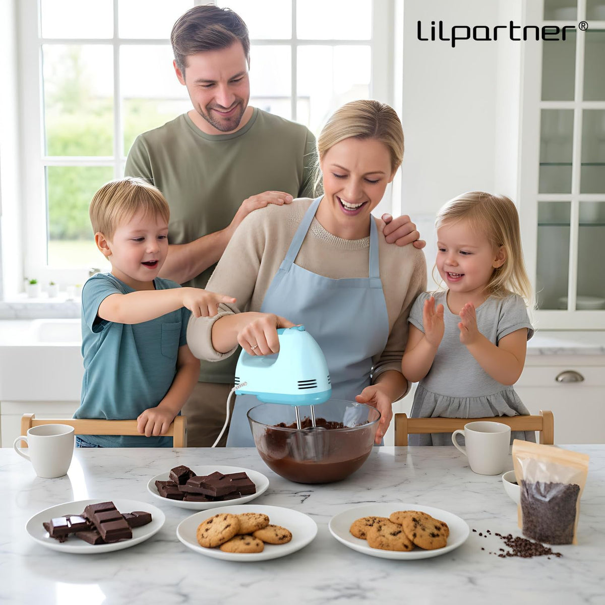 LILPARTNER Hand Mixer Electric, Ultra Power Kitchen Hand Mixer With 7-Speed &amp; 5 Stainless Steel Accessories for Whipping Dough, Cream, Cake, Dishwasher Safe, Light Blue