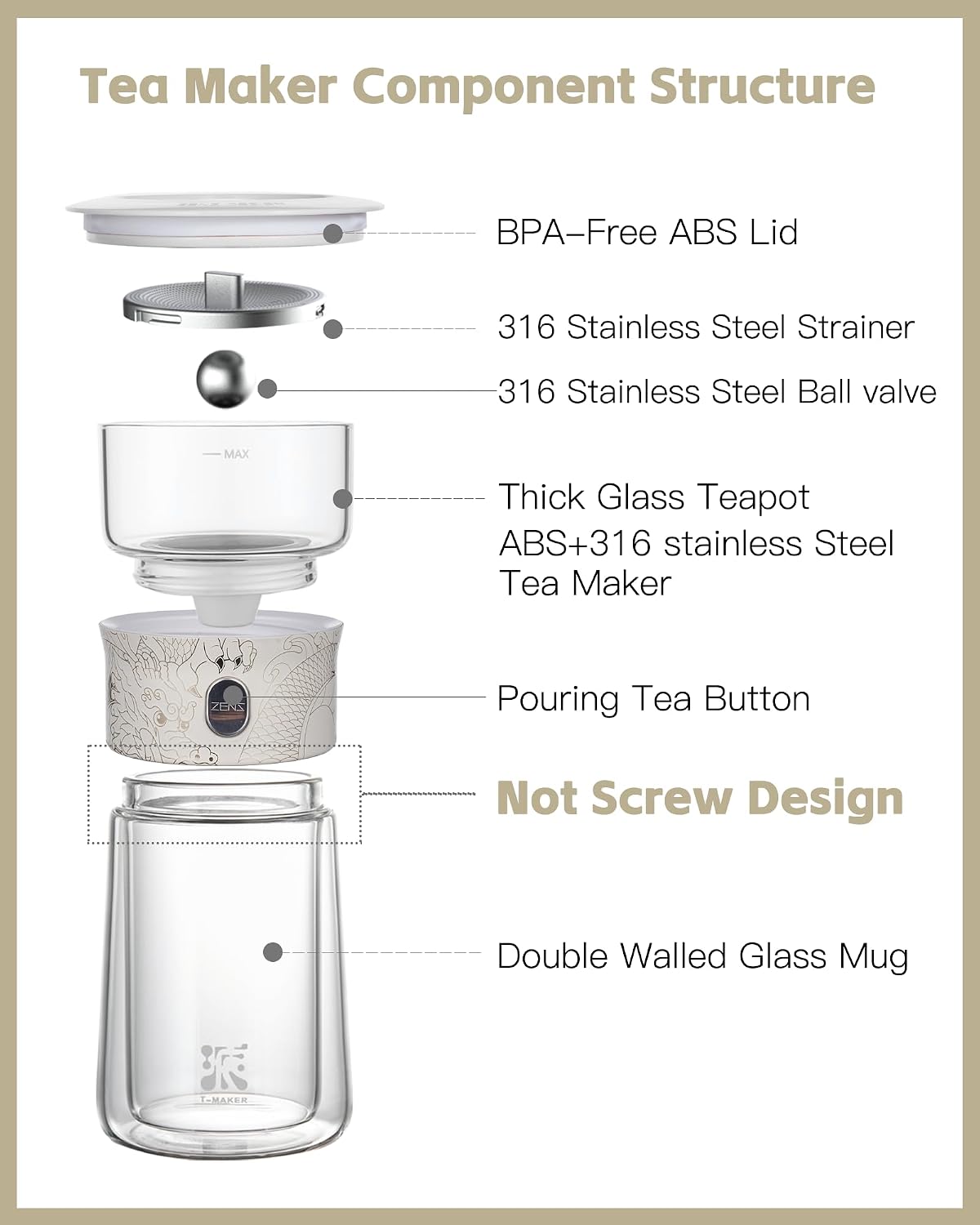 ZENS Glass Tea Infuser Pot, Modern One Touch Tea Maker for Tea Steeping | Loose Tea Diffusers, Magic Tea Pot with 9oz Insulated Mug and Portable Bag for Tea Lovers Gifts, Dragon