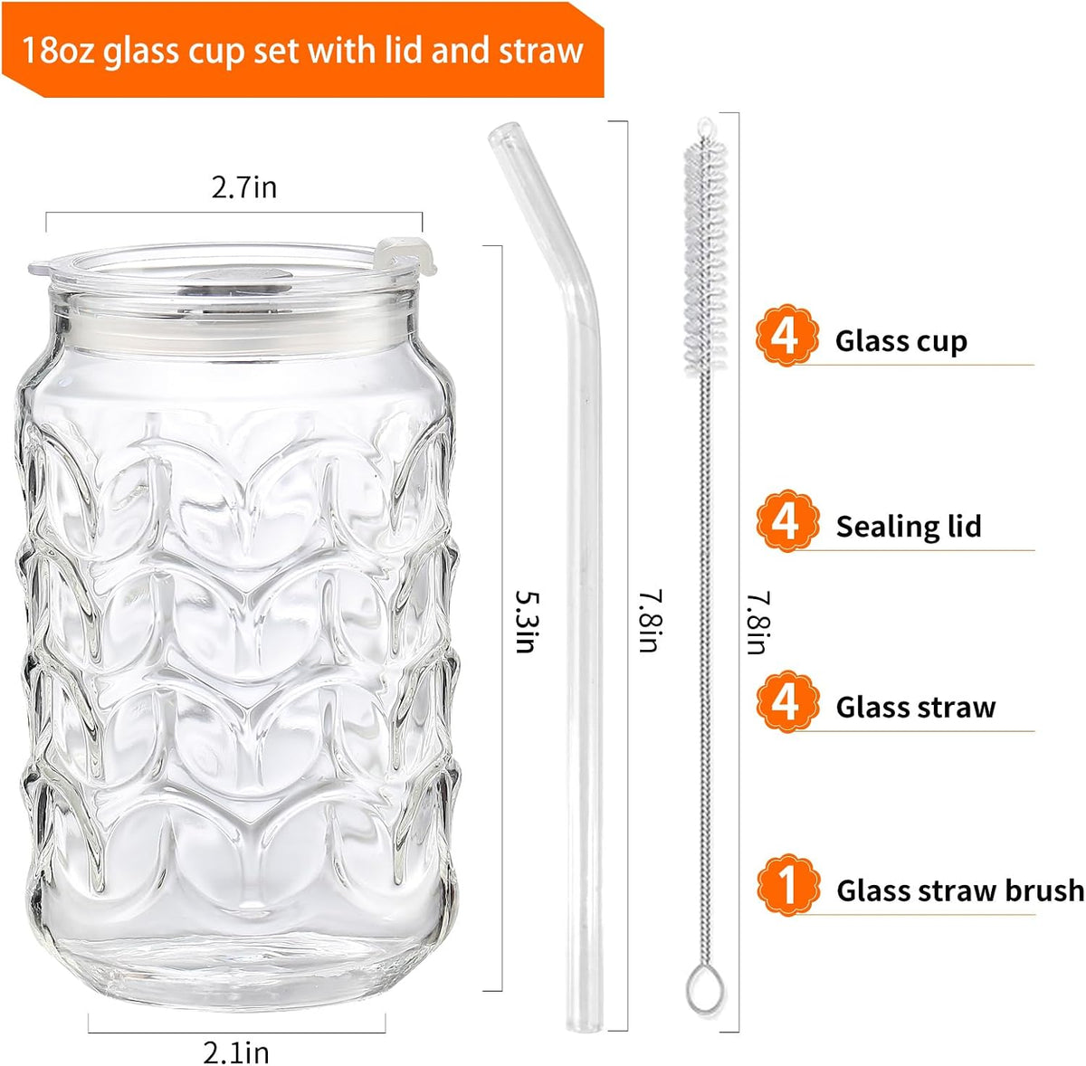 Jiuchen 4-Pack 18oz Borosilicate Glass Cups with Leakproof Lids &amp; Straws,Multi-Use Tumblers for Office and Home - Iced Coffee, Smoothies, Cocktails, Juice, Iced Tea &amp; Protein Shakes, Dishwasher Safe