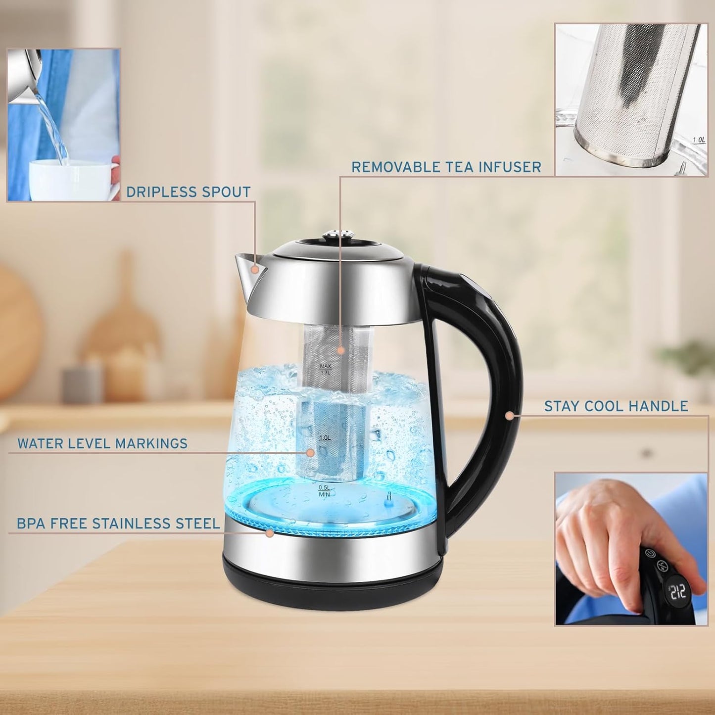 Nelo Electric Kettle with Removable Tea Infuser, 7 Temperature Presets, Digital Display, LED Indicator Lights, Glass Tea Kettle & Hot Water Boiler