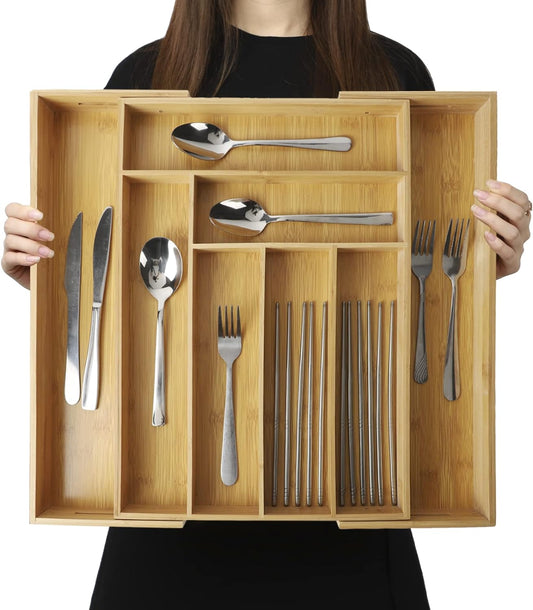 Expandable Bamboo Drawer Organizer – Large 20"x16.9" Size with Adjustable Dividers – for Kitchen Utensils, Knives, Cutlery,