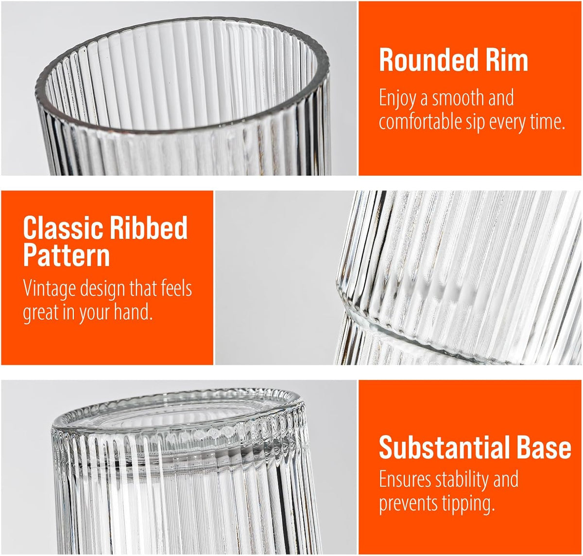 SUROQUE 20oz Ribbed Glass Tumblers with Lids &amp; Straws, Ideal for Iced Coffee, Cocktails &amp; More - Includes Cleaning Brush