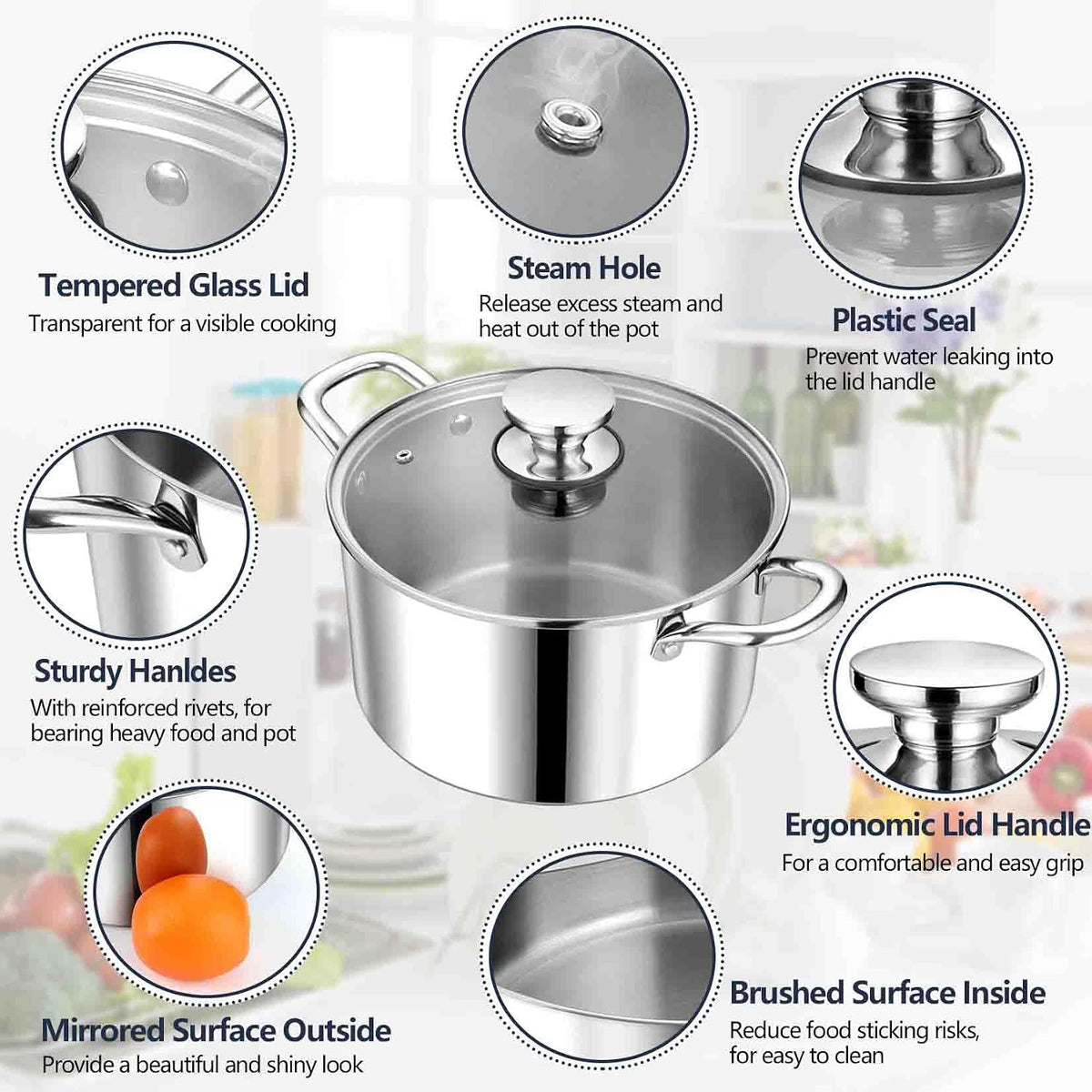 P&P CHEF 6 Quart Tri-Ply Stainless Steel Stock Pot, 6 Qt Stockpot Pasta Cooking Pot with Visible Lid for Soup Vegetable, Induction Cookware for All Stoves, Sturdy & Double Handle, Dishwasher Safe