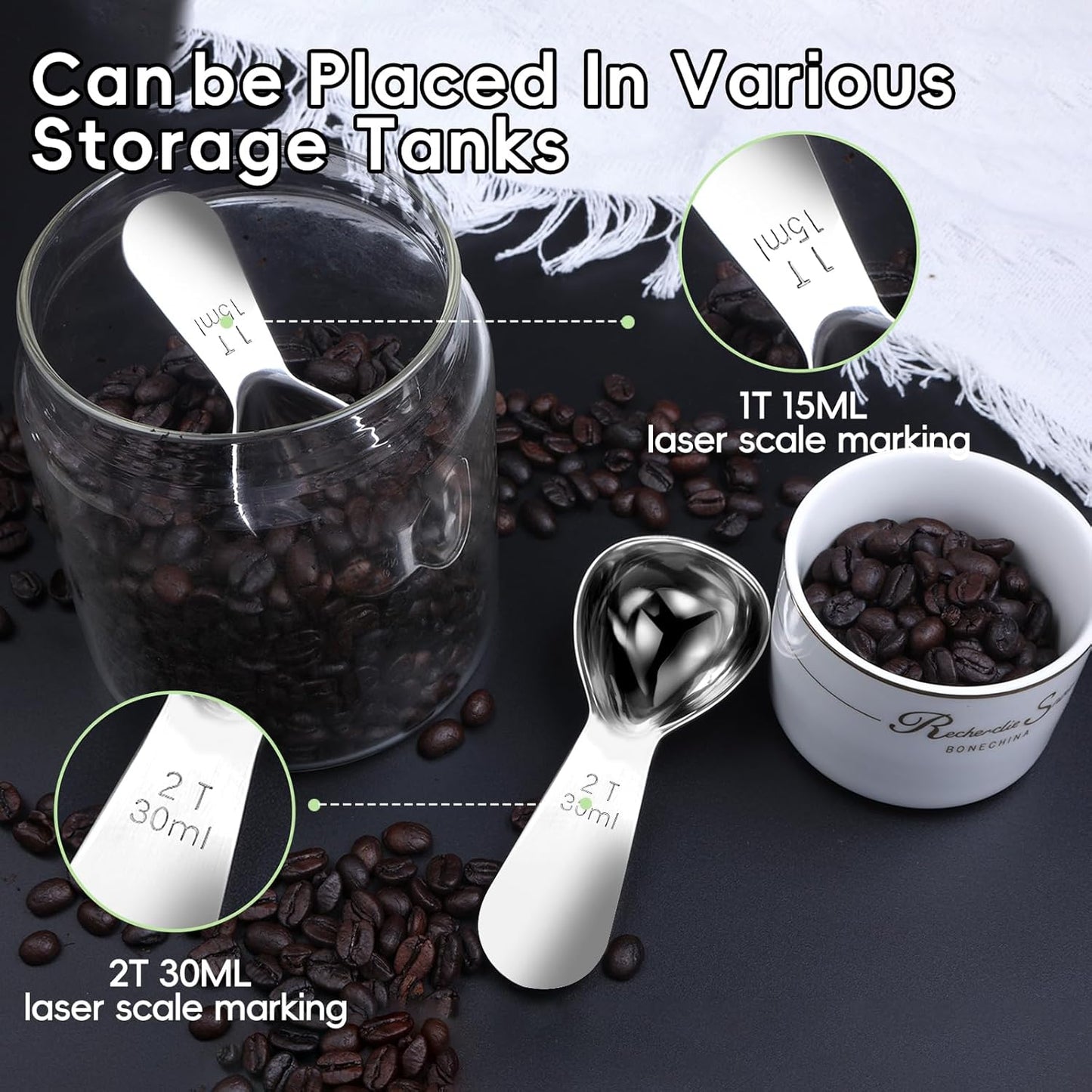 Coffee Scoop 1&amp;2 Tablespoon Measuring Spoons for Ground Coffee 18/8(2pcs).