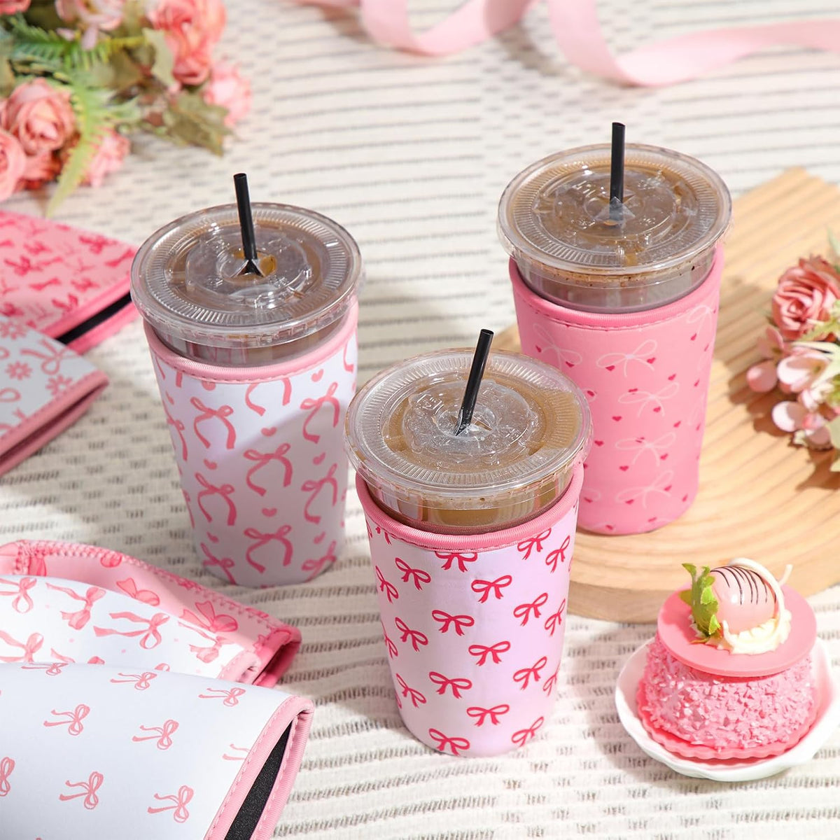 Silifine 8 Pcs Pink Bow Iced Coffee Sleeve Reusable Neoprene Insulatord Cup Sleeve Coquette Bow Reusable Coffee Insulator Sleeves Holder for Cold Beverages Cups Cold and Hot Drinks, 22-24 oz