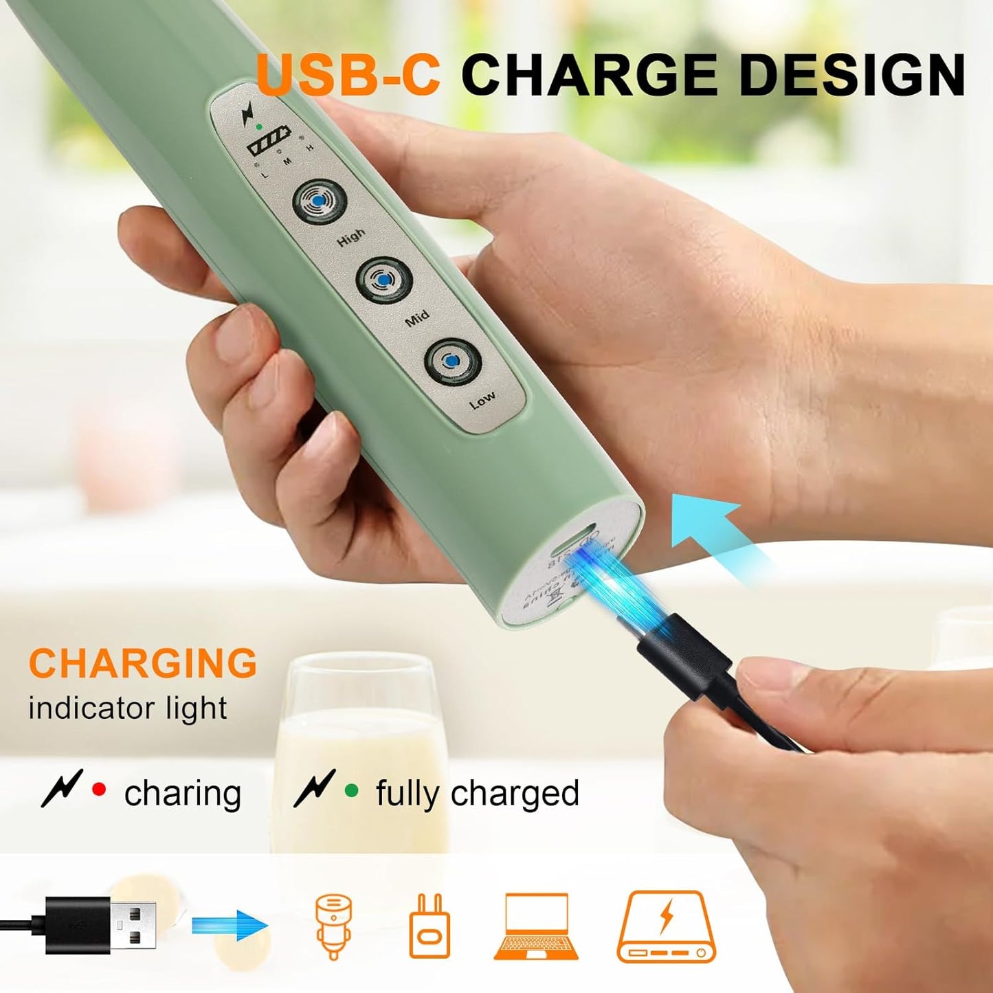 YUSWKO Granite Rechargeable Milk Frother for Coffee with Stand, Handheld Drink Mixer with 3 Heads 3 Speeds Electric Stirrers