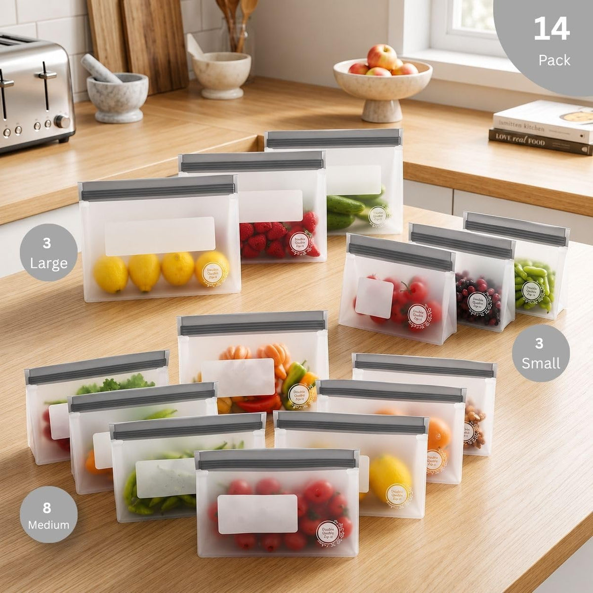 Reusable Silicone Food Storage Bags – 14-Pack Stand-Up, BPA-Free, Freezer, Dishwasher Safe & Eco-Friendly – 3 L, 8 M, 3 S Bags – Airtight Leakproof, Sandwich, Snack, and Meal Prep Baggies (Grey)