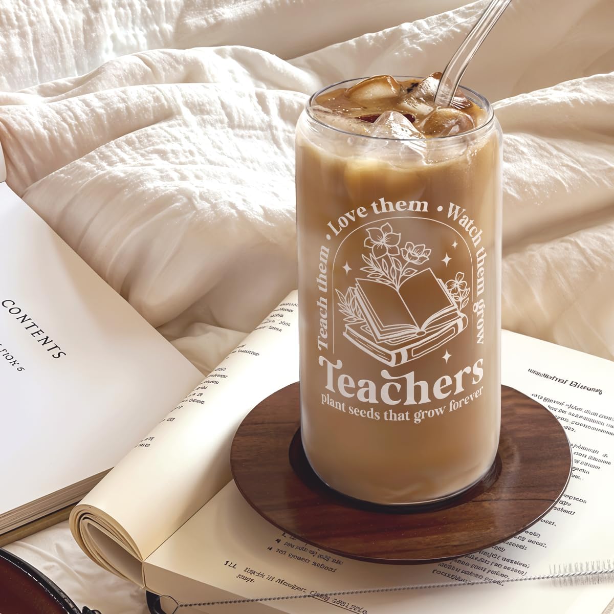 SANDJEST Teacher Glass Can, Teachers Plant Seeds That Grow Forever Cup with Lid &amp; Straw, Coffee Aesthetic Cups, Gift for Christmas Teacher Appreciation, Gifts for Women, 16oz