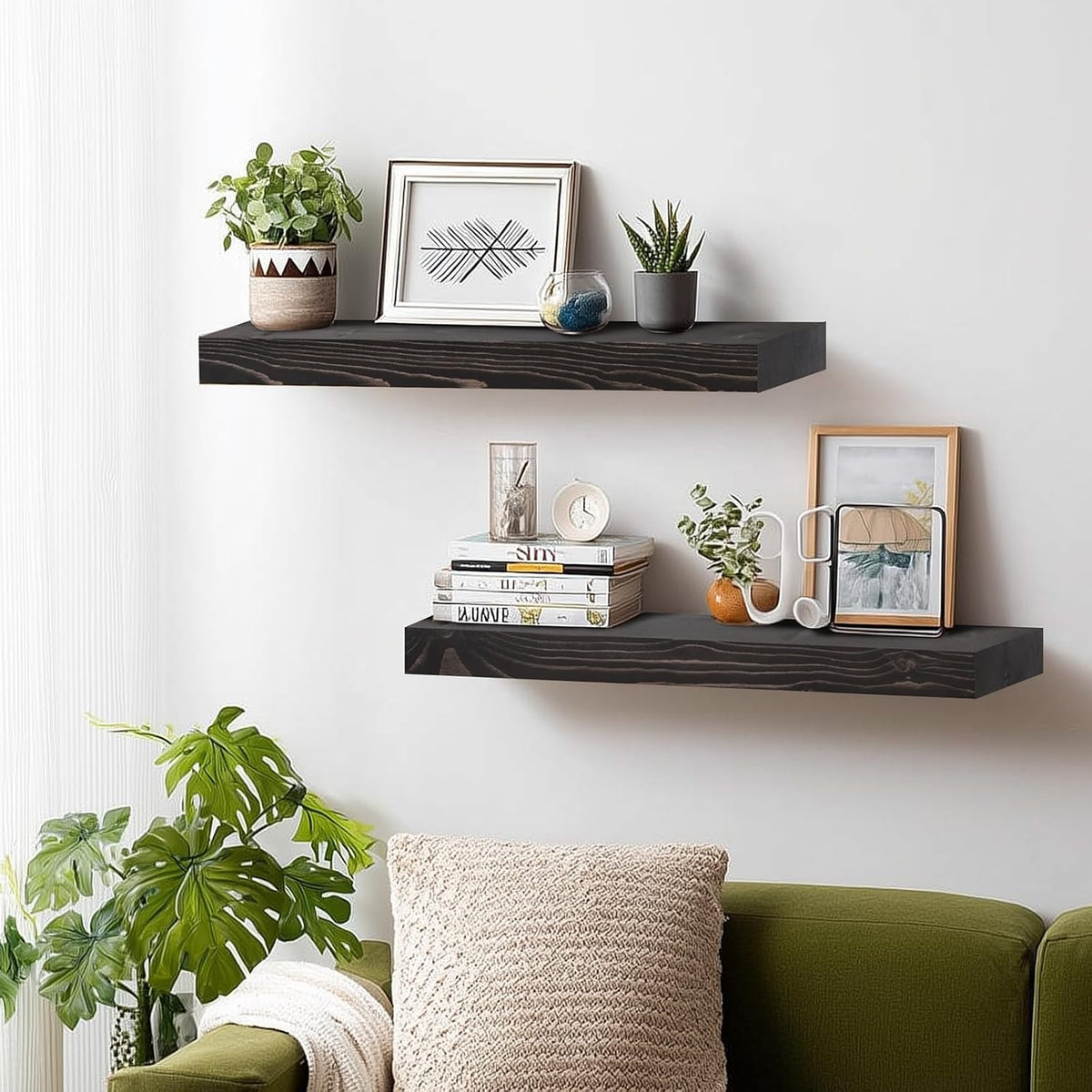 Solid Wood Floating Shelves, 24 Inch Wall Shelves, Set of 2, Black