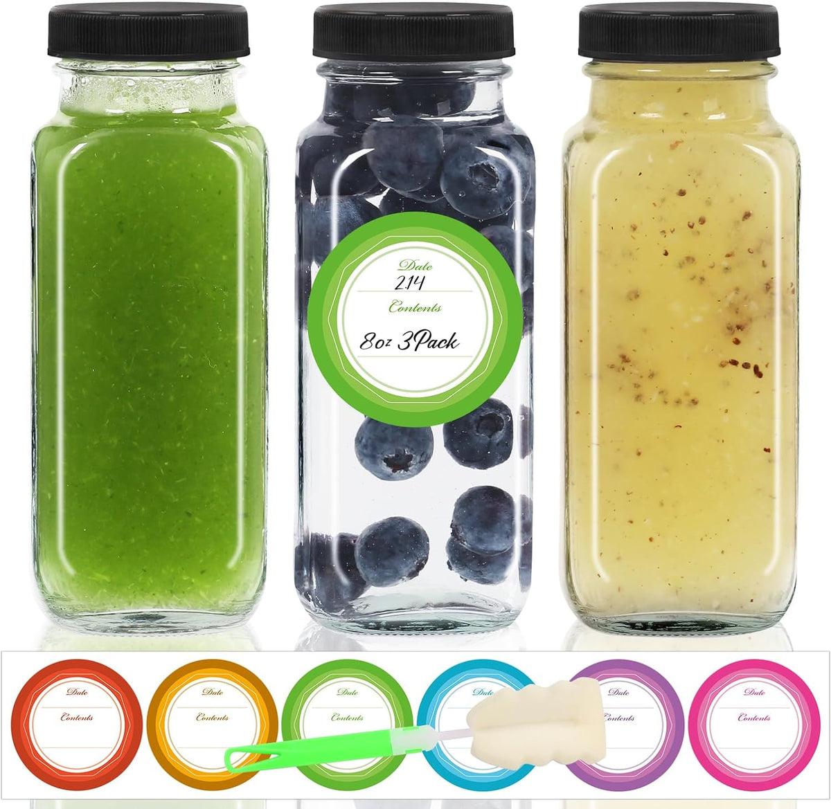 STARSIDE 8oz 3-Pack Glass Juice Bottles with Leak-proof Lids | Square Reusable Drinking Jars for Juicing, Milk, Kombucha - Includes 1 Bottle Brush, 6 Colored Labels