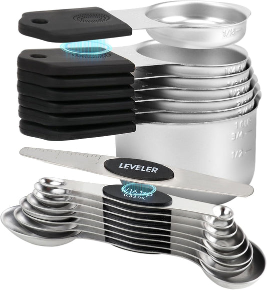16-Piece Stainless Steel Measuring Cups and Spoons Set, Strong Magnetic Nesting Design 7 Cups 8 Spoons with Leveler, Double