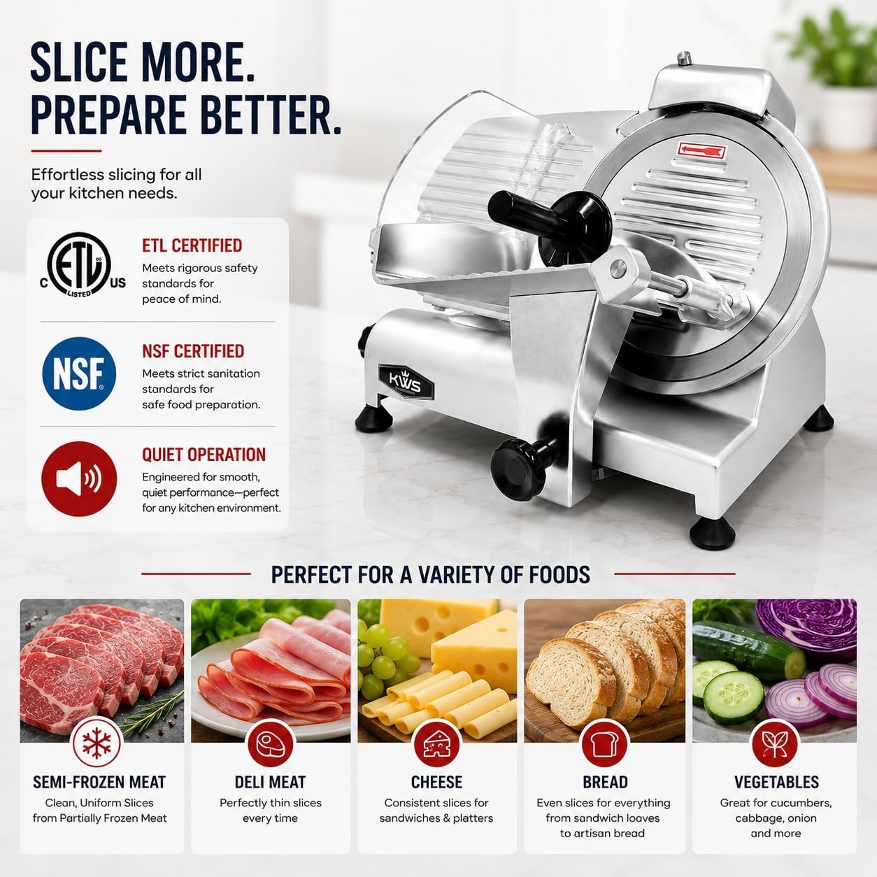 KWS 10NS Commercial 10" Electric Meat Slicer, 320W High-Torque Motor, Stainless Steel Blade, Deli-Style Thin Slicing, Built-In Sharpener, Heavy-Duty Aluminum Body for Meat, Cheese &amp; Semi-Frozen Foods