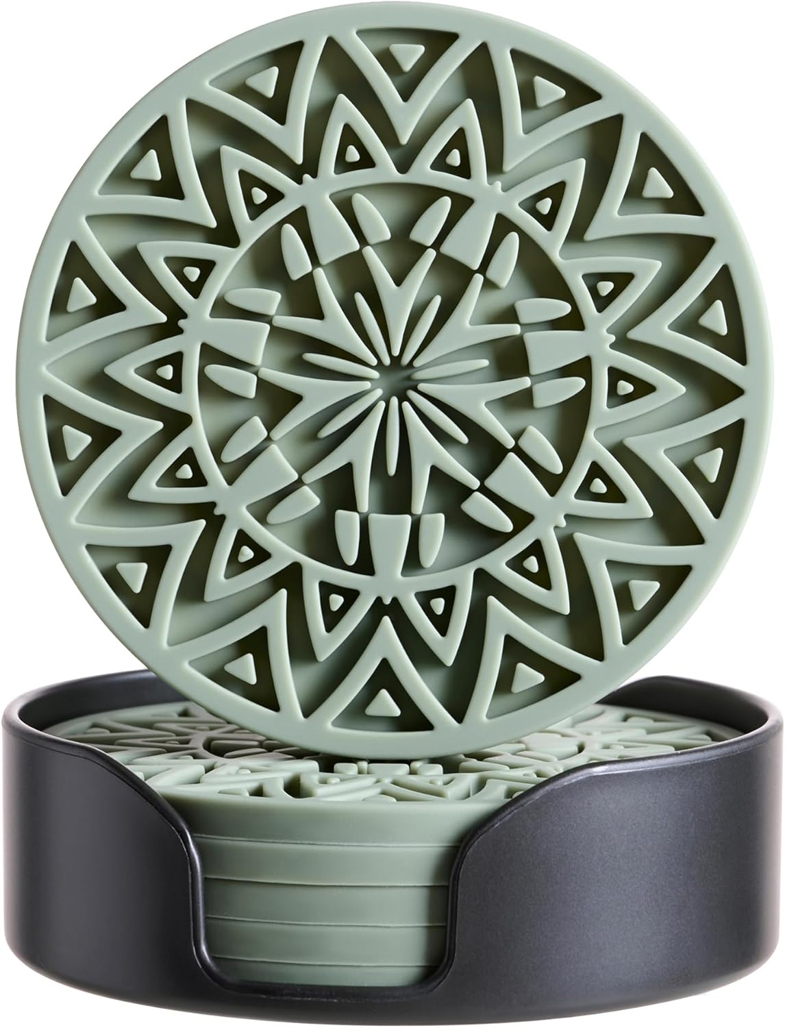 Set of 6 Olive Green Silicone Coasters with Holder, Drink Coasters with Tribal Pattern Shape- for Ta