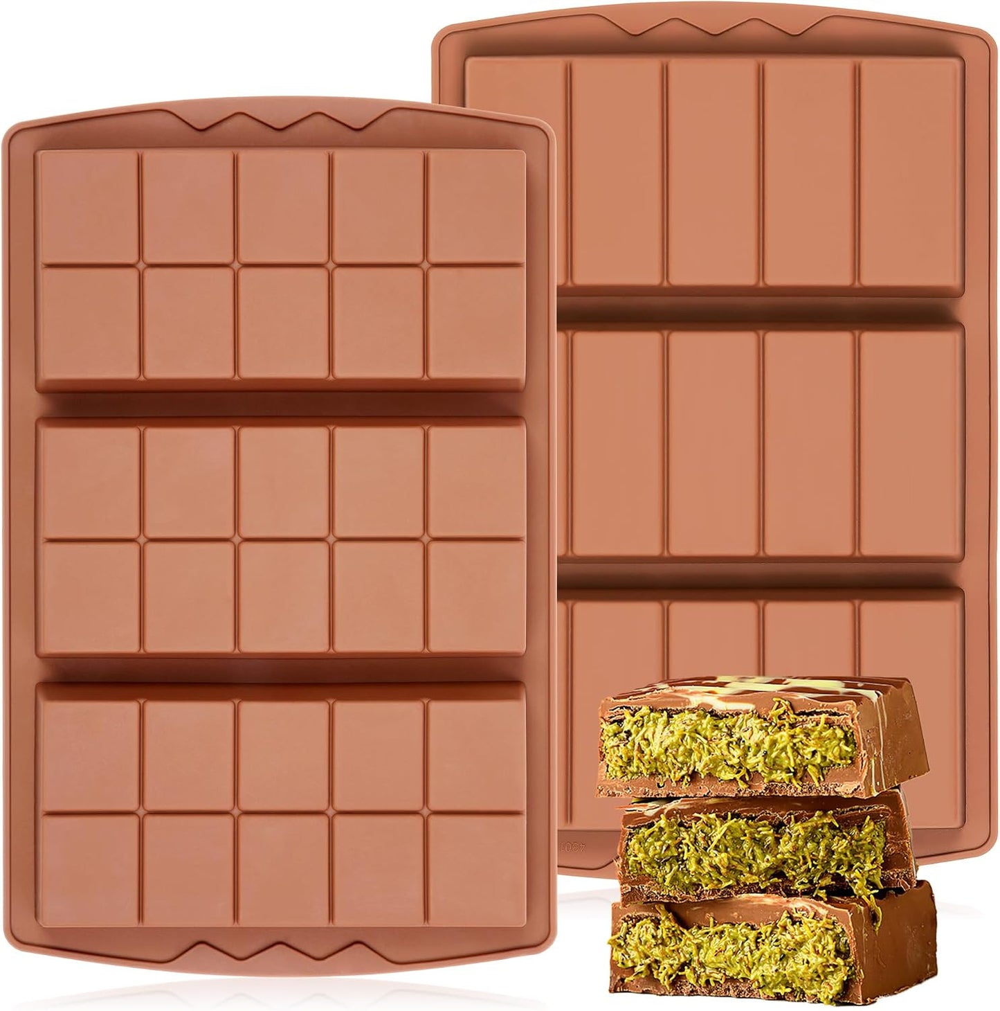 KASHME 2 Pcs Chocolate Bar Mold Deep Dubai 0.85 Inch Stuffed Chocolate Molds Silicone Large Break Apart Silicone Molds (10 Snap + 5 Snap）