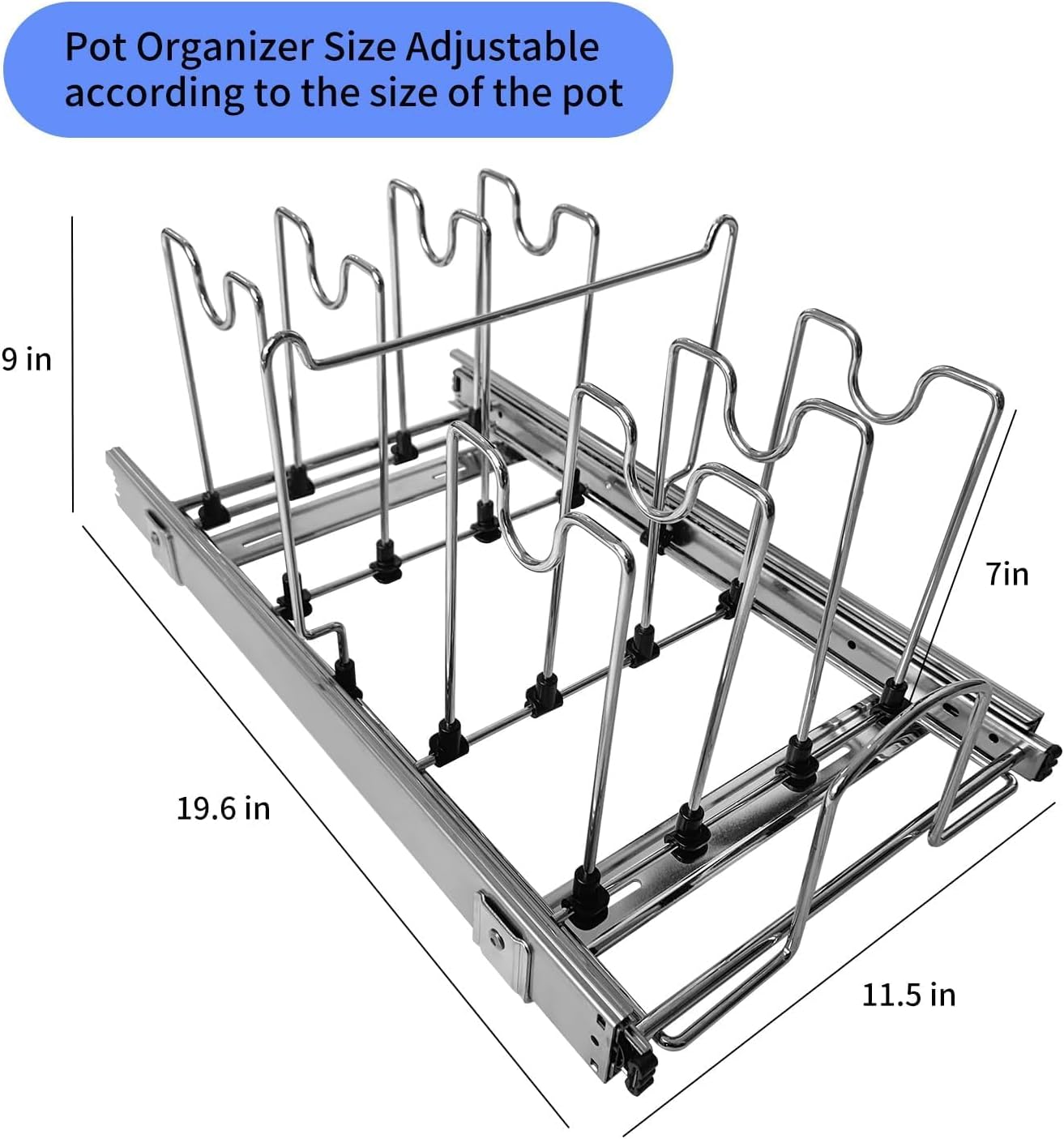 Pots and Pans Pull Out Organizer Under Cabinet, Adjustable Slide Out Pan and Pot Lid Rack Holder, Wire Dividers Kitchen Organization And Storage, Full-Extension Rail 12" W X 20" D