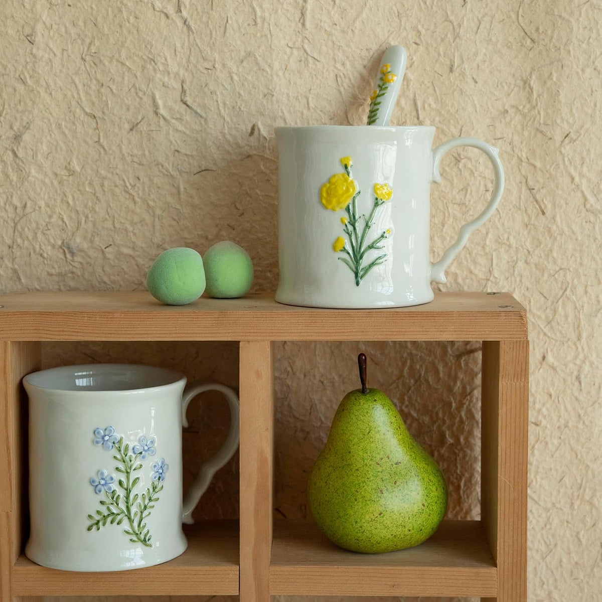 2 Pack Floral Ceramic Coffee Mugs - Yellow and Blue Flowers, Hand-Painted, Microwave &amp; Dishwasher Safe, Ideal for Cappuccino, Tea, Hot Chocolate