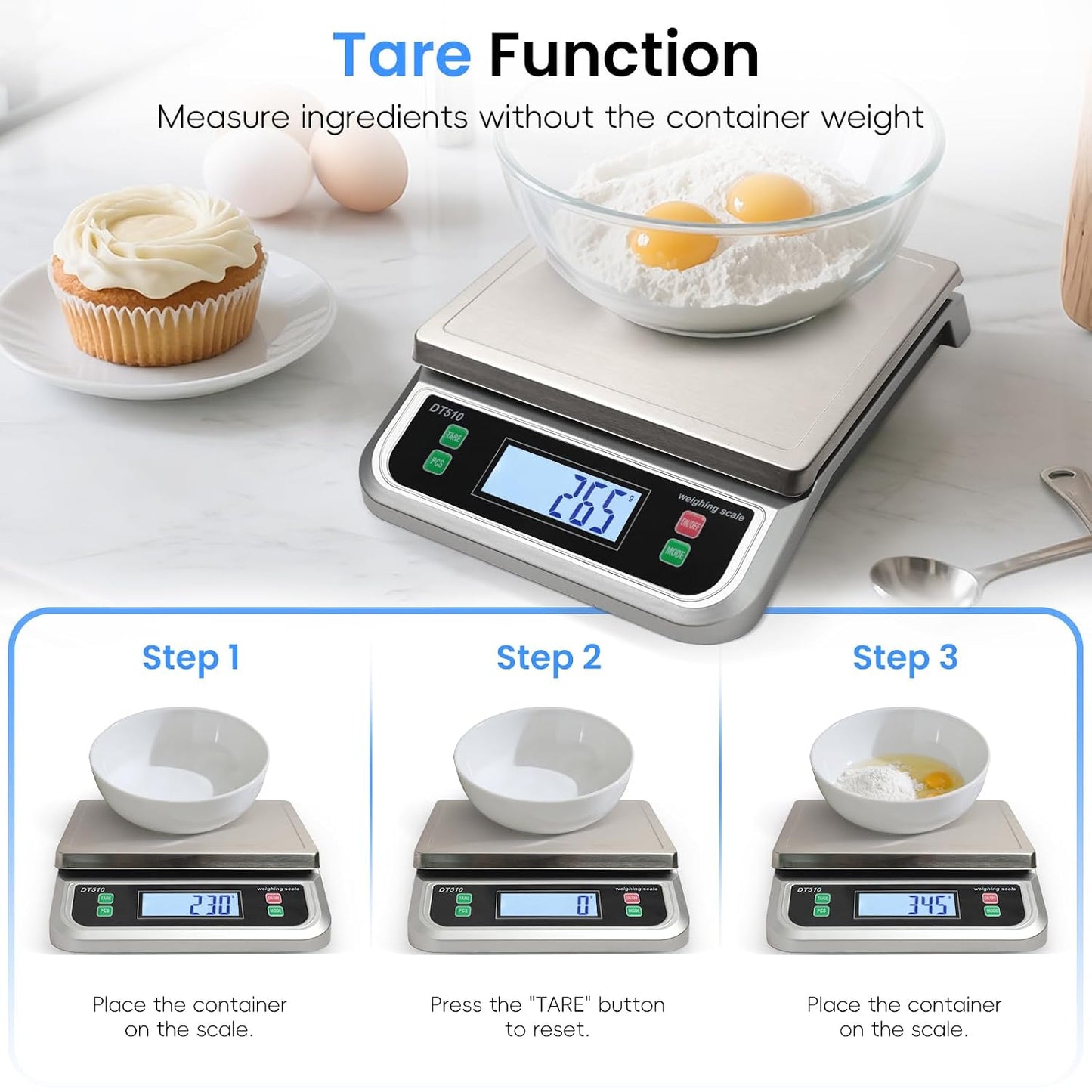 88lb Food Scale Stainless Steel with 6 Unit and Tare PCS Funtion | Commercial Kitchen Scale, with Full View LCD Display Large Kitchen Scale for Baking, Cooking, flour, fruits Silver