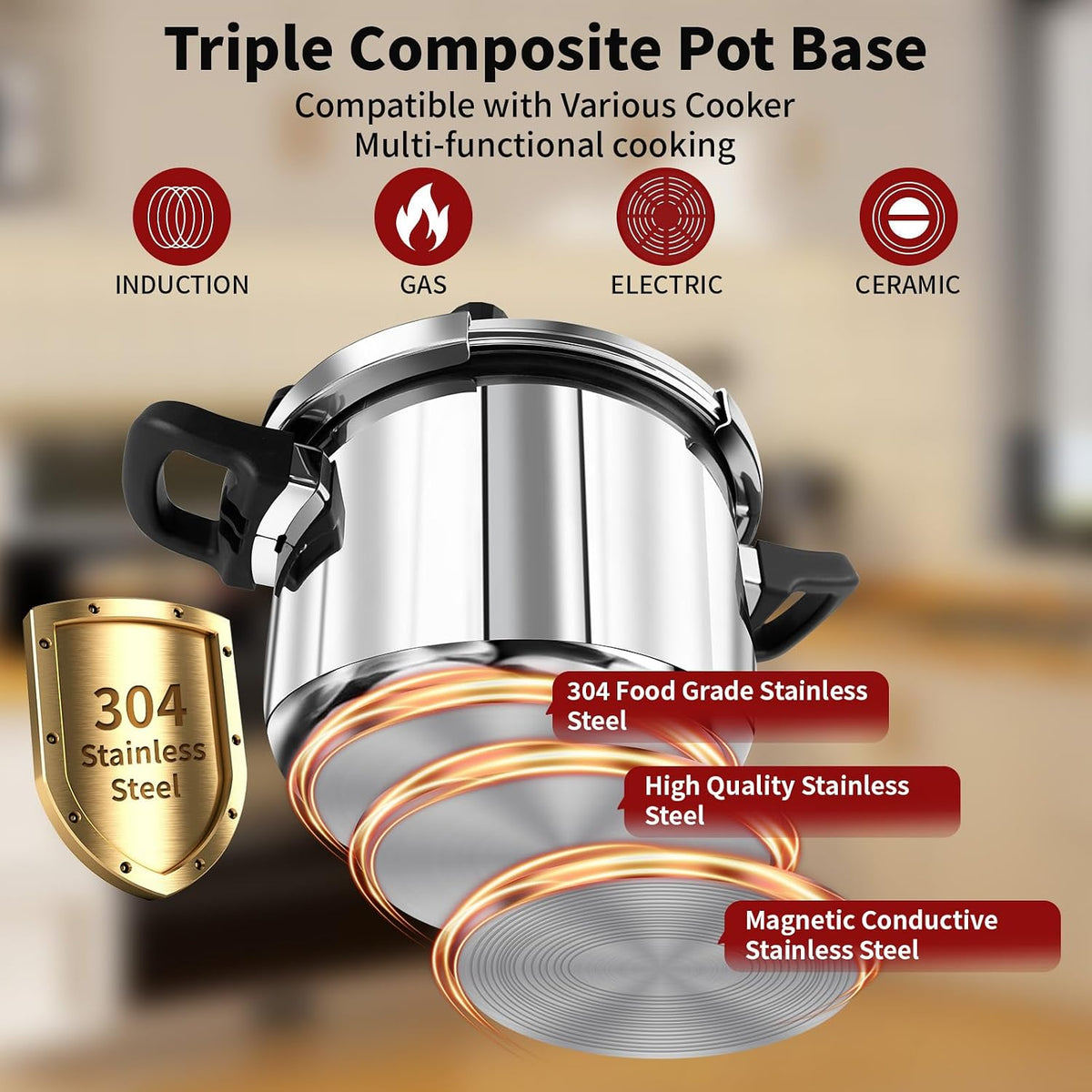 6.3 QT Pressure Cooker, 304 Stainless Steel - Explosion-Proof Lock, One Hand Operation, Fast Cooking, Dishwasher Safe & Induction Compatible, Family Size Cookware