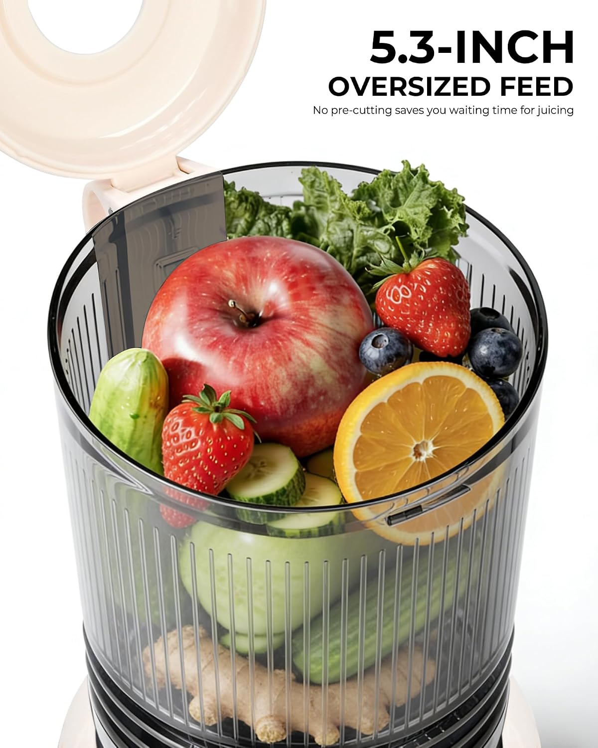 SUSTEAS Cold Press Juicer, 5.3" Feed Chute Slow Masticating Machines with 300W, Fit Whole Fruits & Vegetables, Easy to Clean, High Juice Yield, White