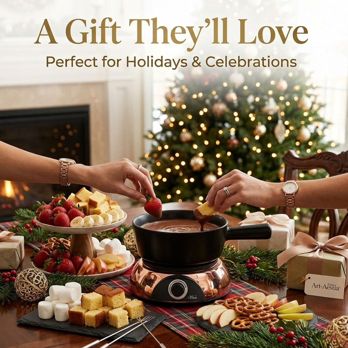Artestia Swiss Design 2-QT Electric Fondue Pot for Meat, 1500W Ceramic Chocolate Melting Pot with Adjustable Temperature, 6 Fondue Forks, White Ceramic Pot with Rose-Gold Base (Black)
